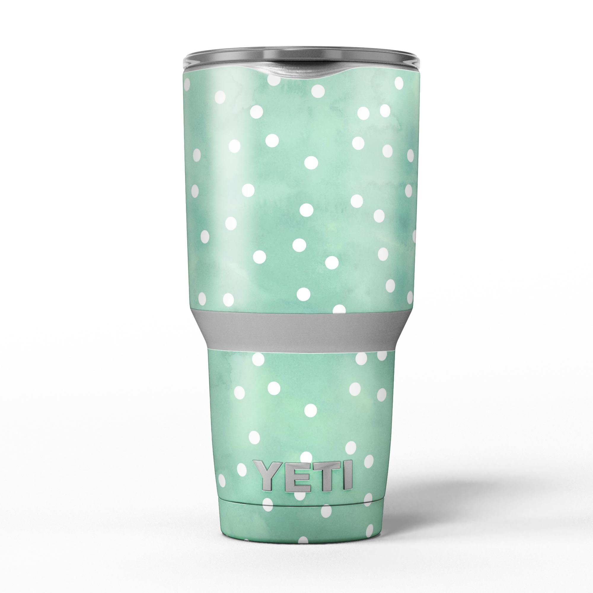 Green watercolor skin decal vinyl wrap kit with white polka dots for Yeti Cooler, showcasing a stylish design and premium quality.