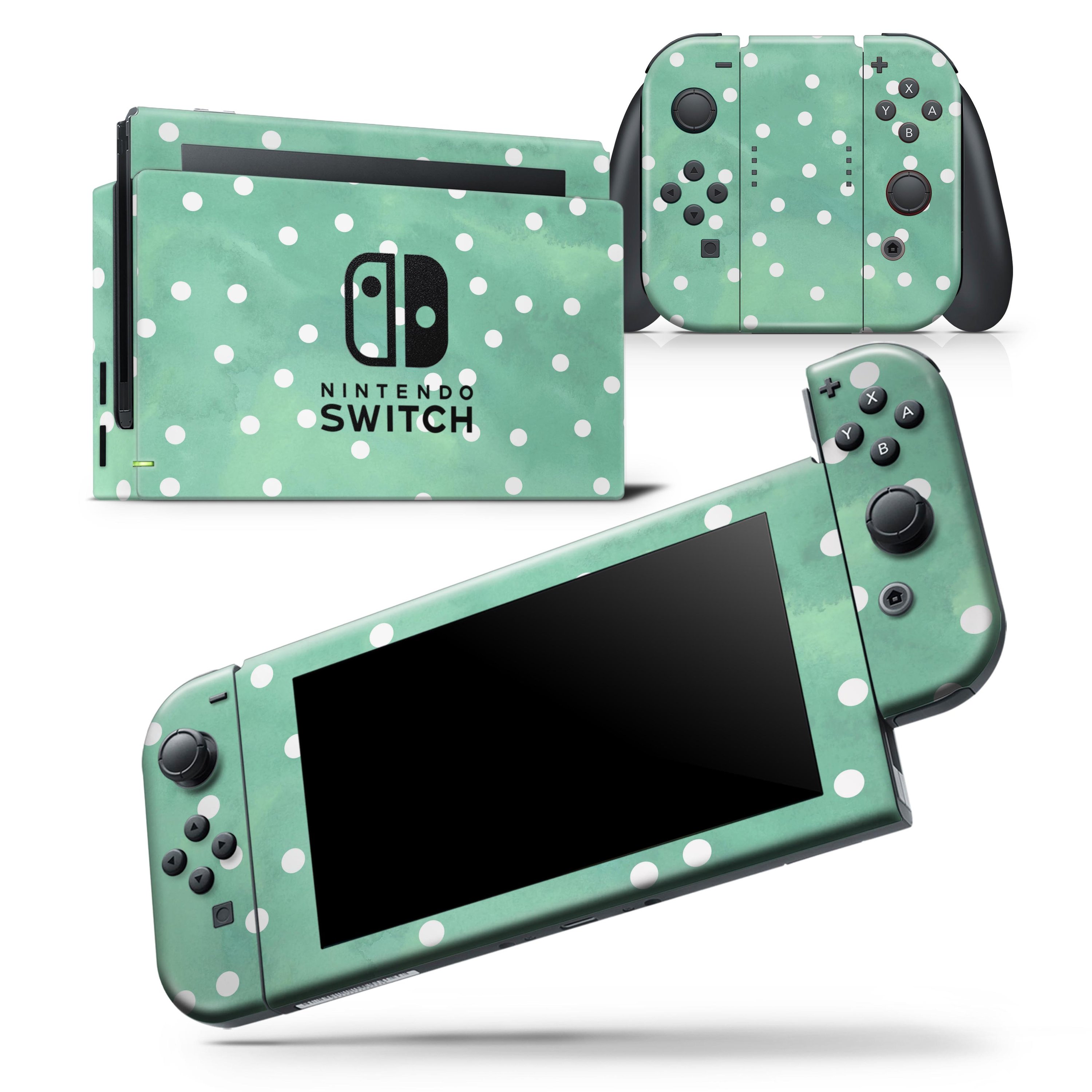 Green Watercolor and White Polka Dots skin wrap decal for Nintendo Switch, showcasing a vibrant design that fits the console and controllers perfectly.