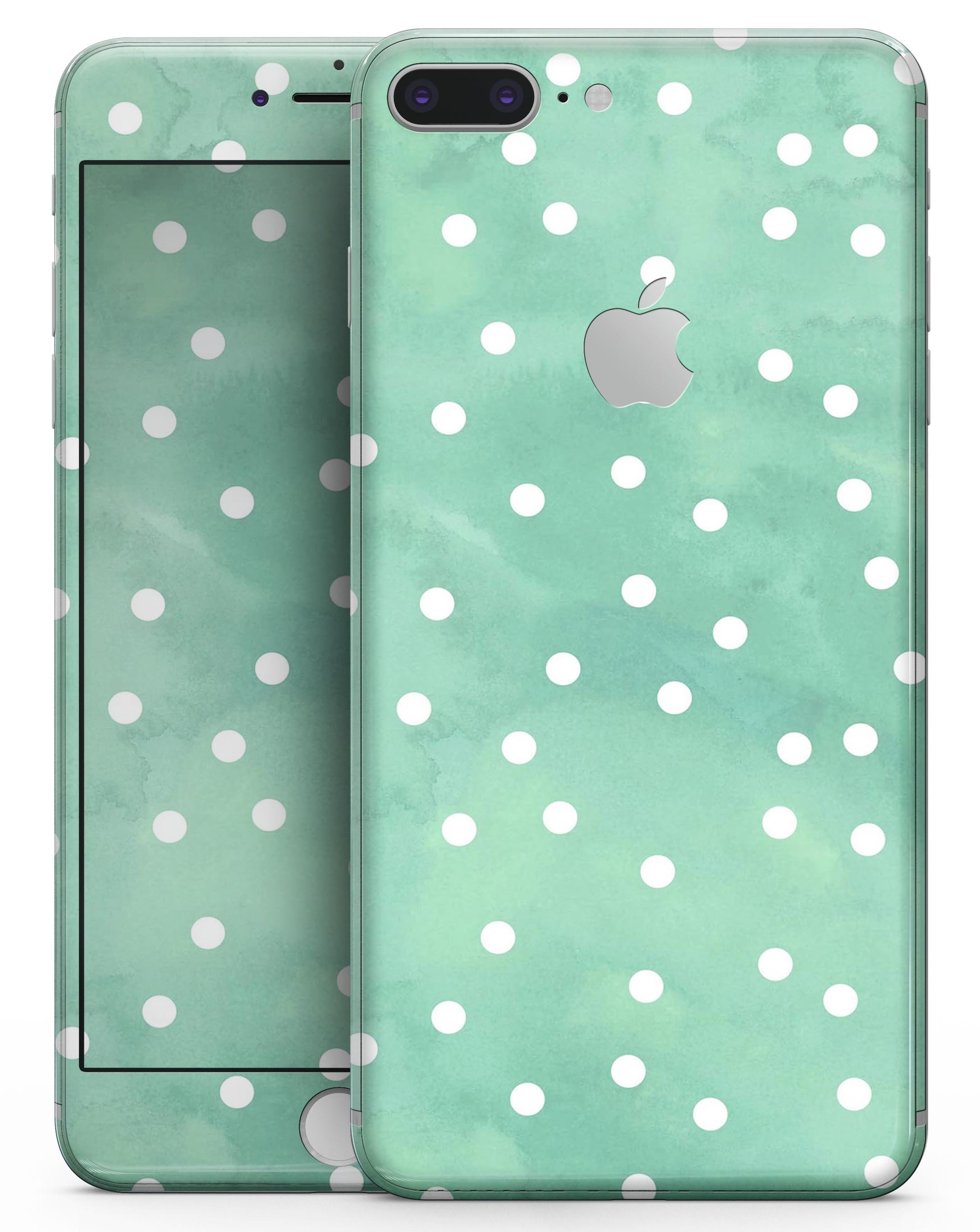 Green watercolor skin with white polka dots for iPhone 8 or 8 Plus, showcasing a stylish design that enhances device appearance.