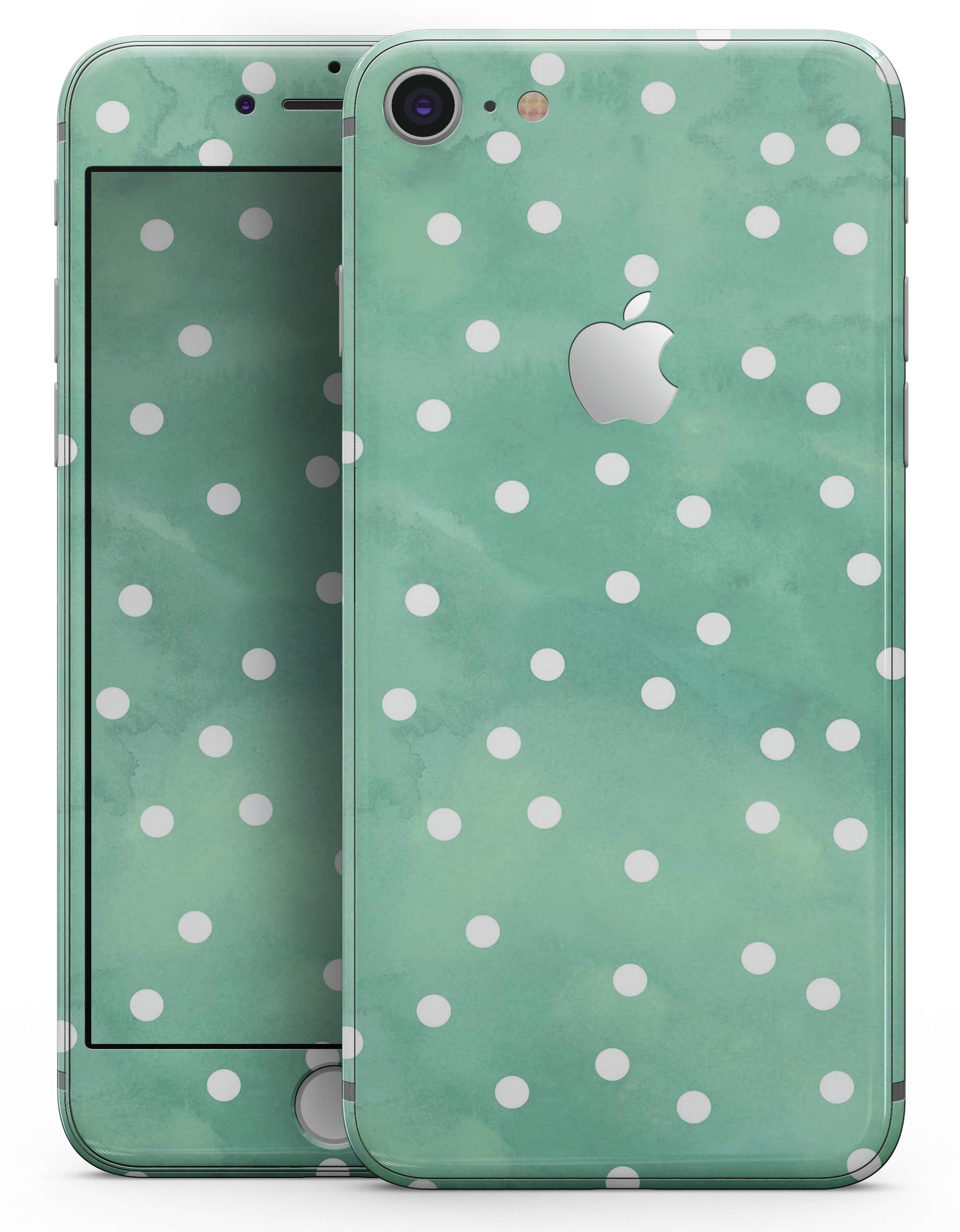 Green watercolor skin with white polka dots for iPhone 8 or 8 Plus, showcasing a stylish design that enhances device appearance.