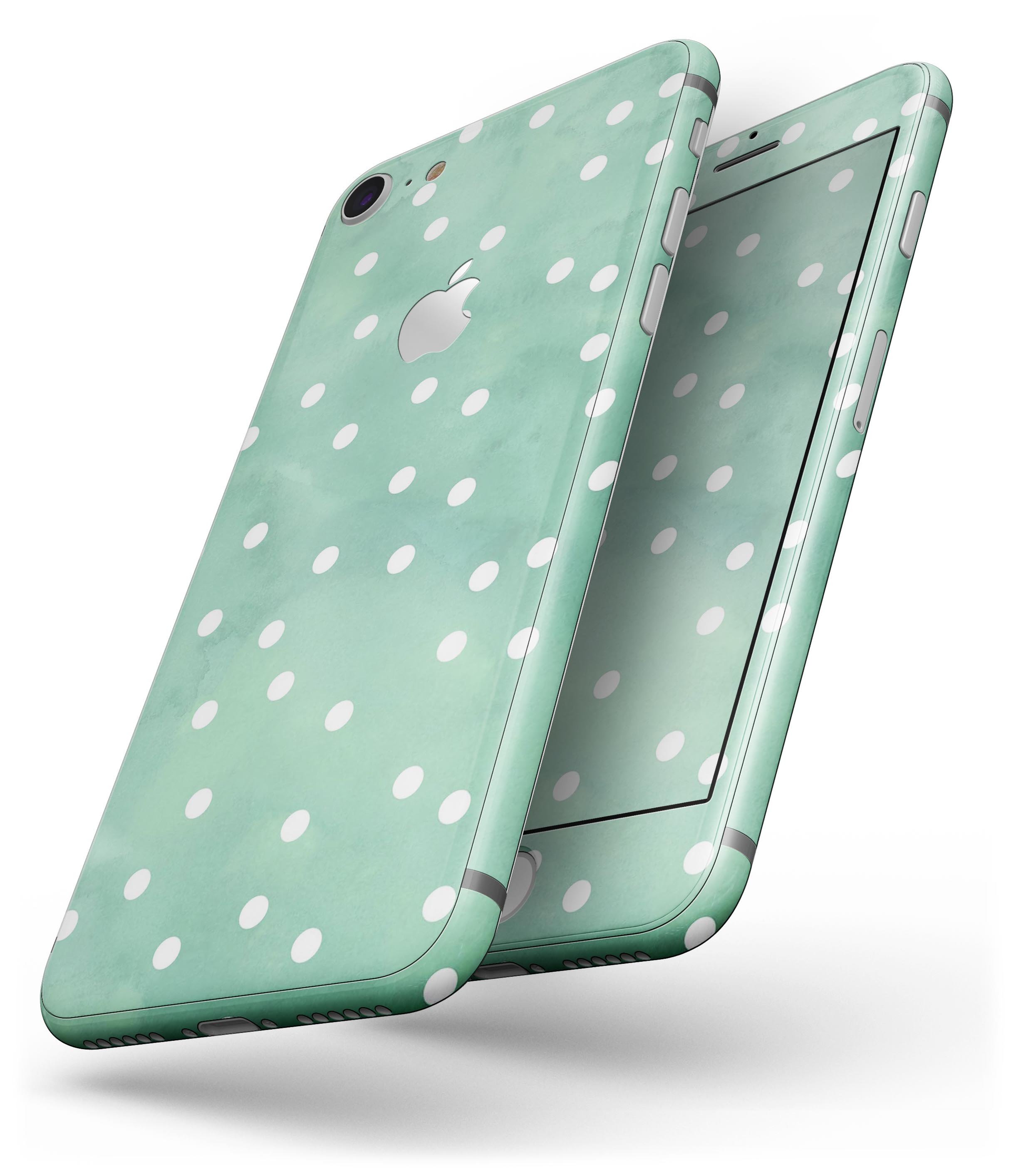 Green watercolor skin with white polka dots for iPhone 8 or 8 Plus, showcasing a stylish design that enhances device appearance.