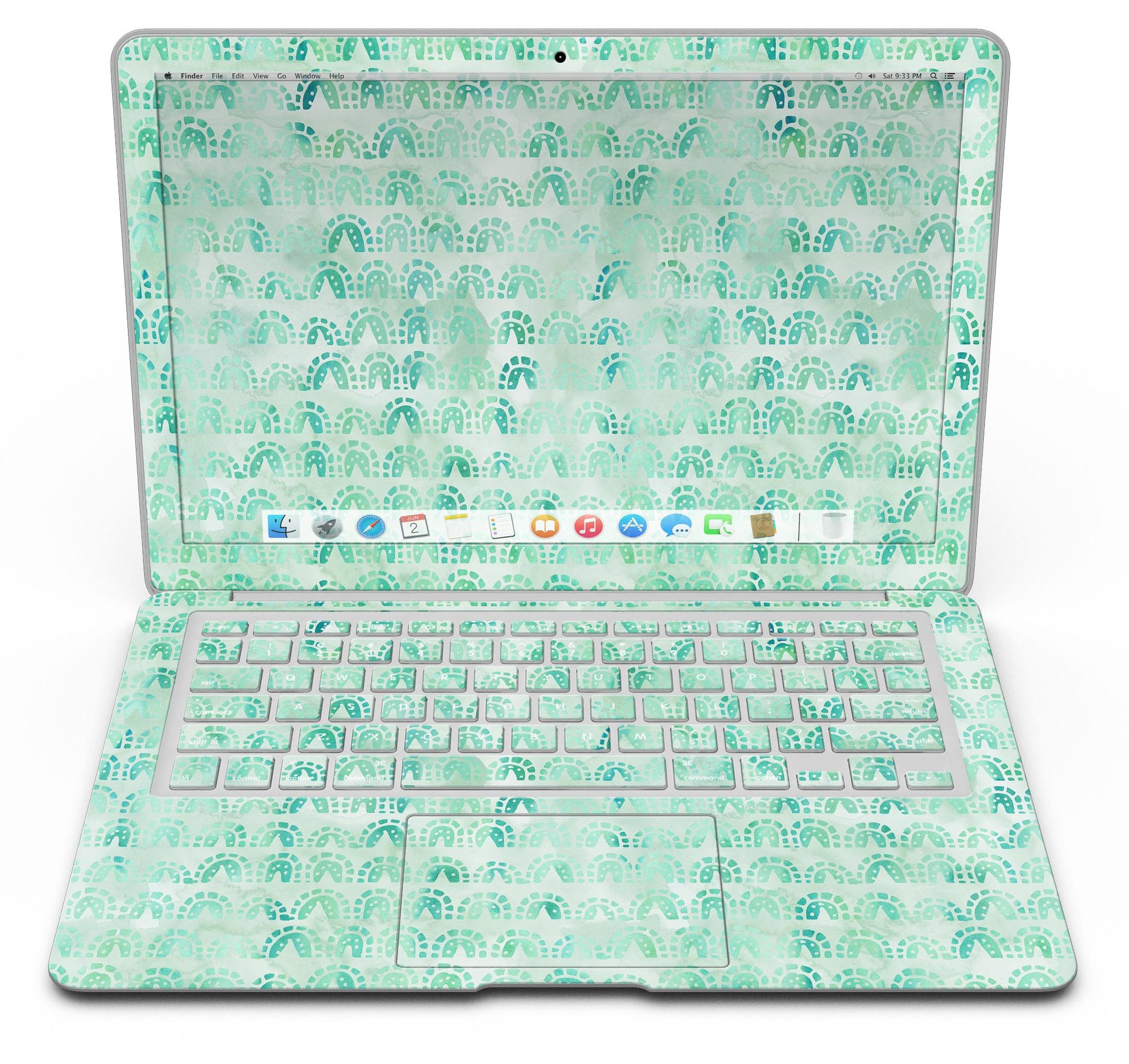 Green Watercolor Arches Pattern MacBook Air Skin Kit showcasing vibrant colors and artistic design.