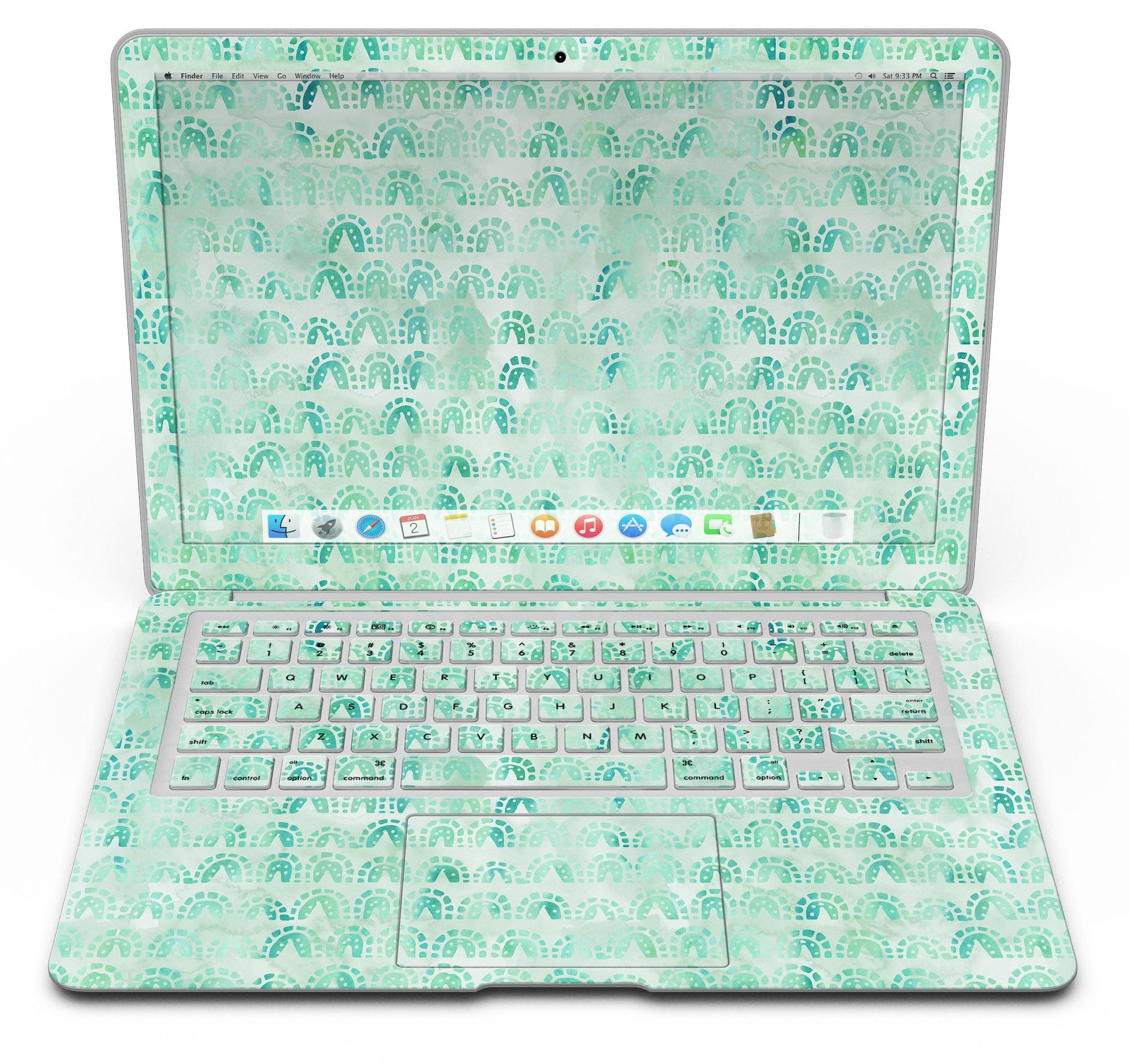 Green Watercolor Arches Pattern MacBook Air Skin Kit showcasing vibrant colors and artistic design.