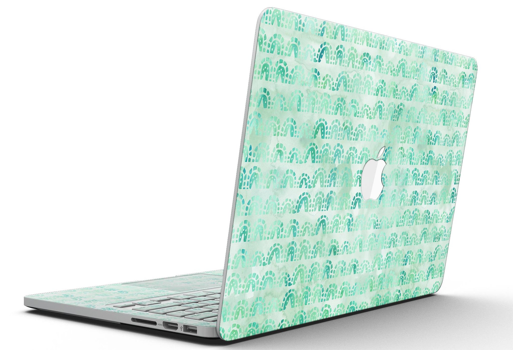 Green Watercolor Arches Pattern skin for MacBook Pro with Retina Display, showcasing vibrant colors and intricate design.