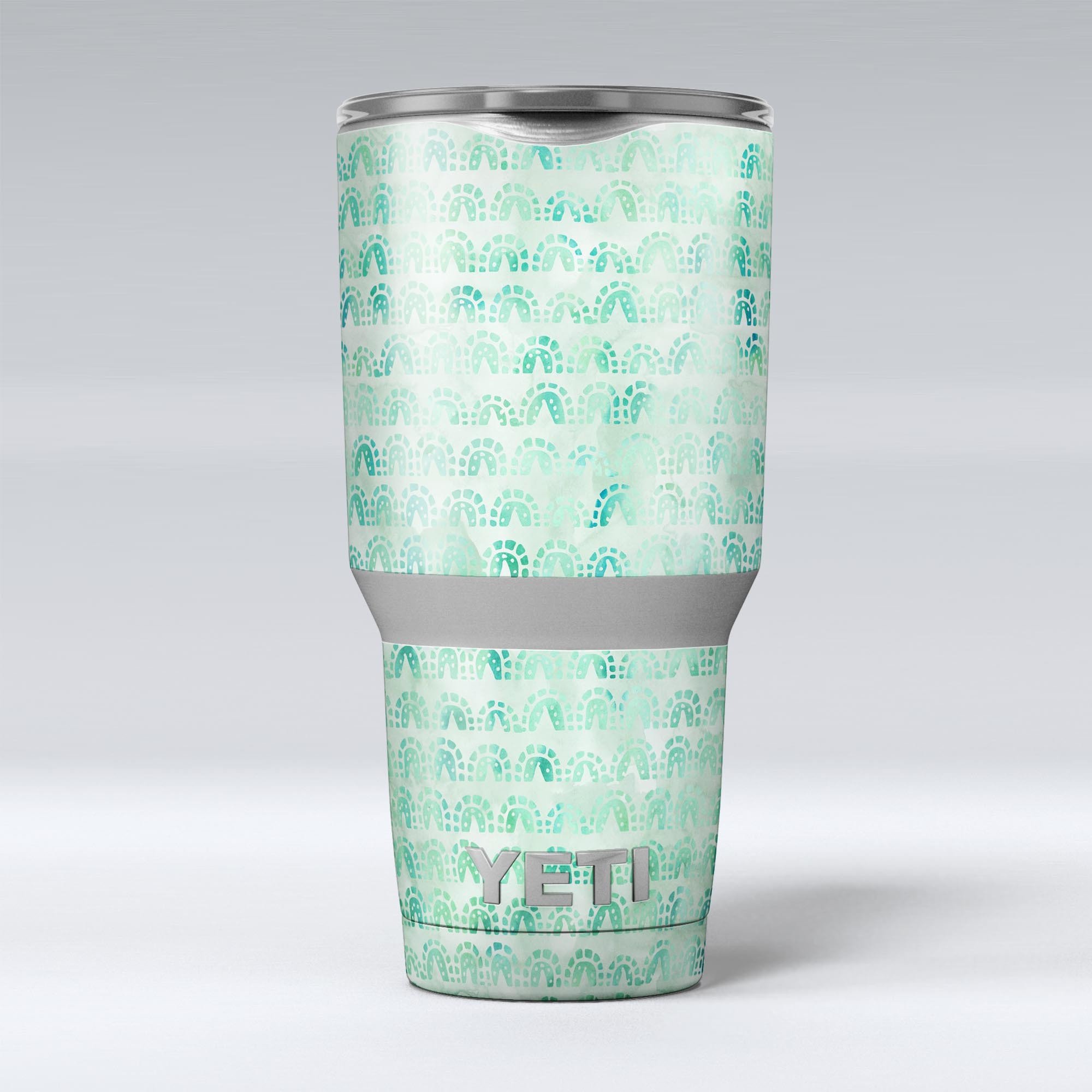 Green Watercolor Arches Pattern Skin Decal Vinyl Wrap Kit for Yeti Coolers, showcasing vibrant colors and a stylish design.