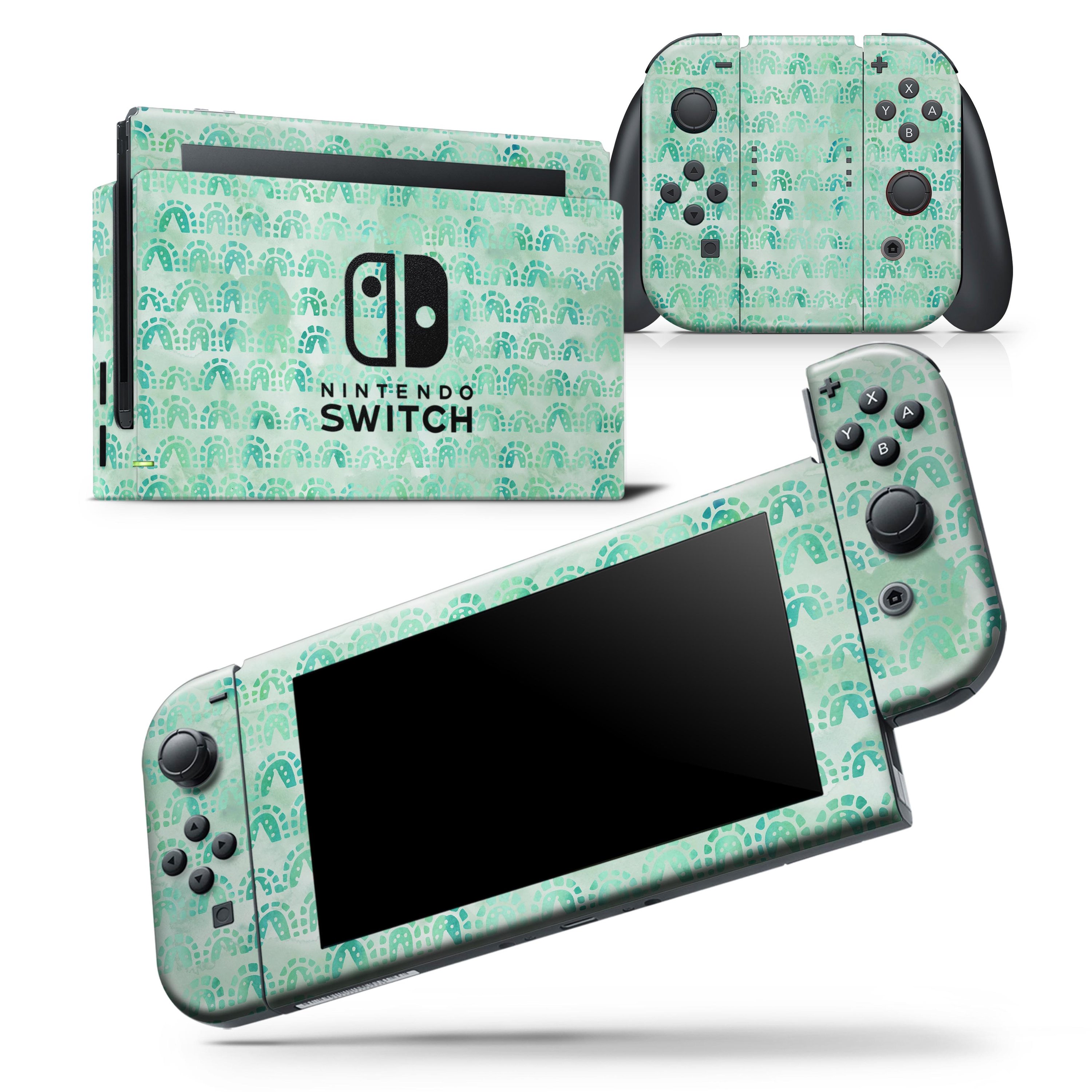 Green Watercolor Arches Pattern skin wrap decal for Nintendo Switch, showcasing vibrant colors and a sleek design.