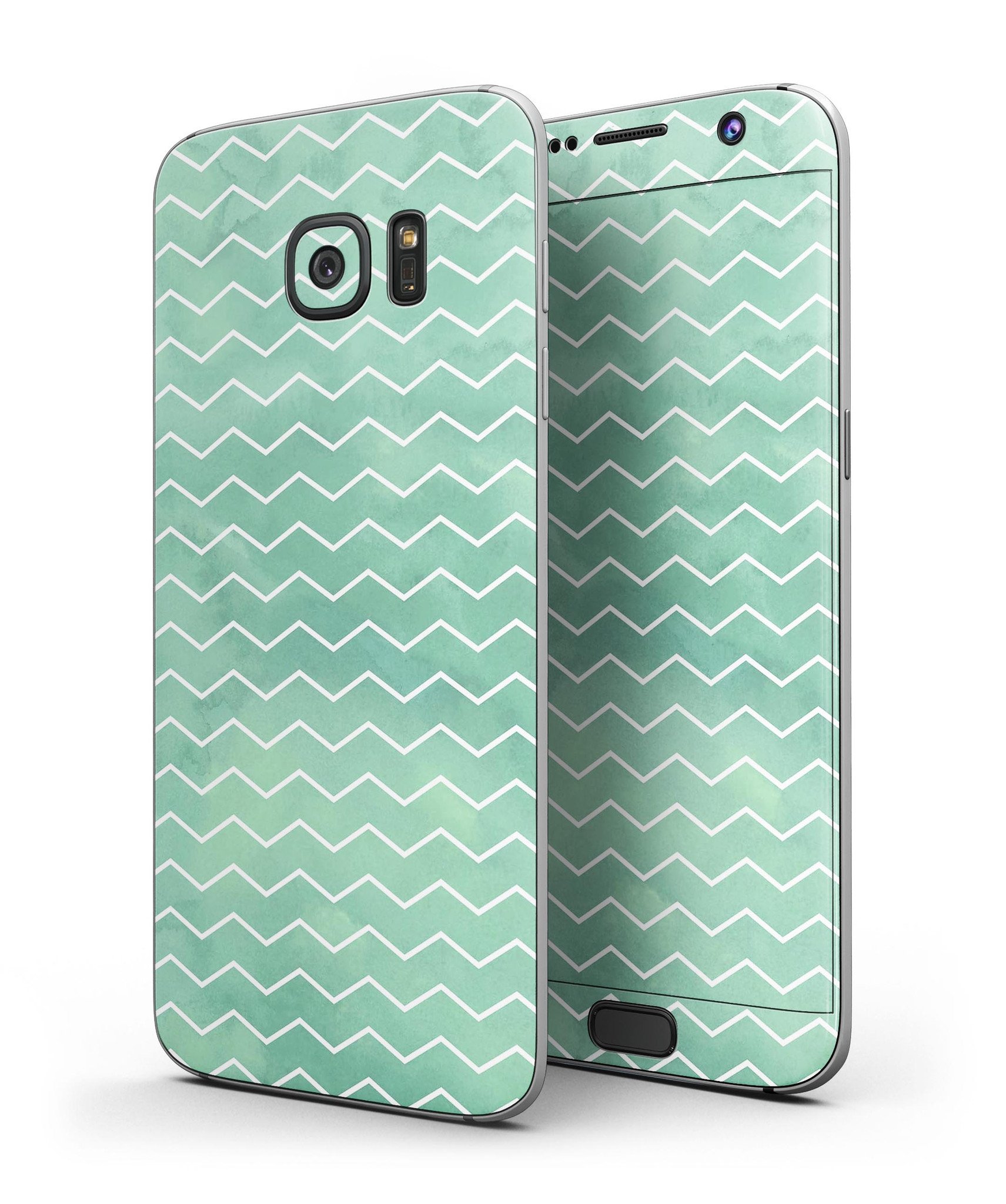 Green Watercolor Chevron skin kit for Samsung Galaxy S7 and S7 Edge, showcasing vibrant colors and premium vinyl material.