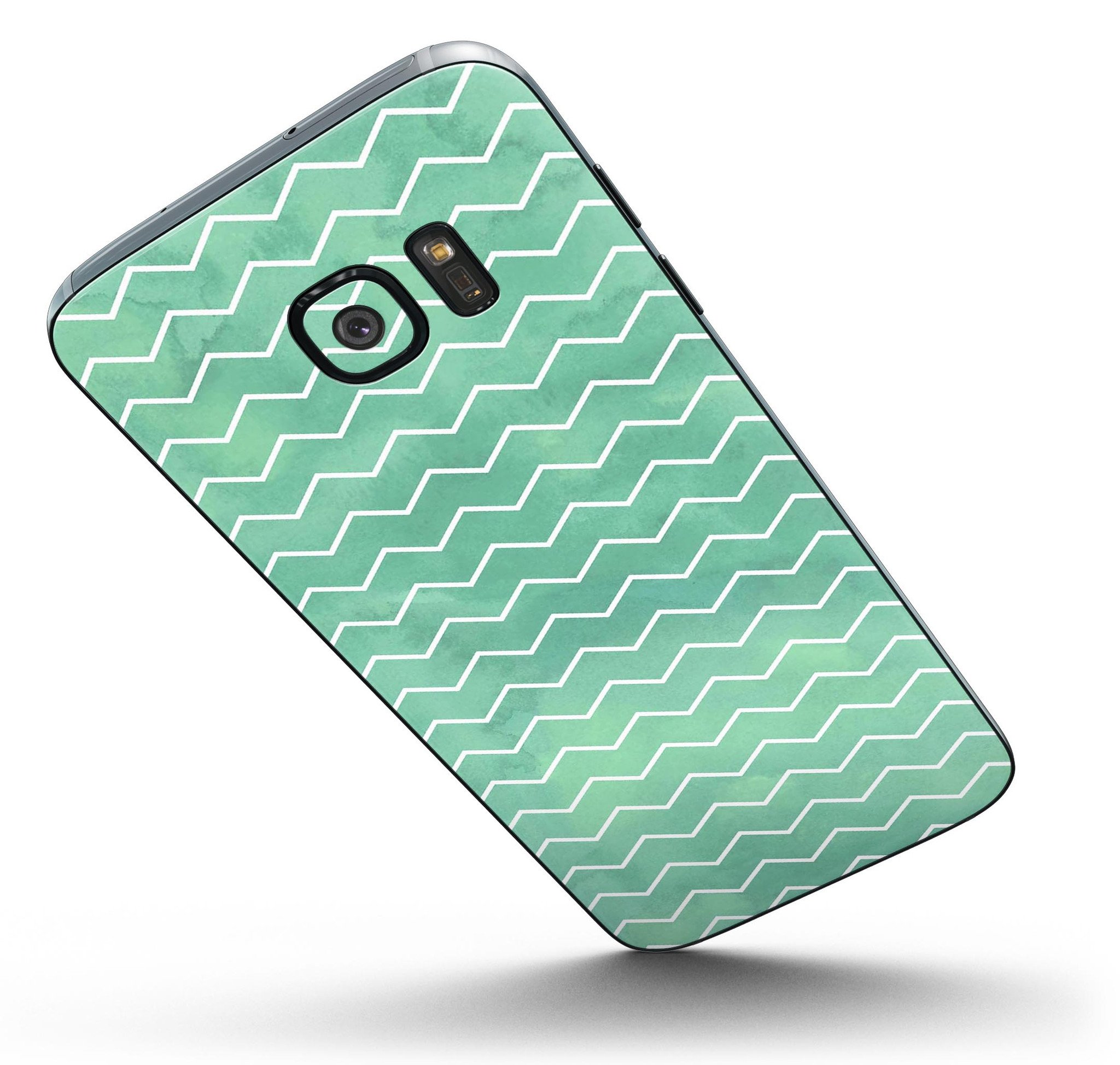 Green Watercolor Chevron skin kit for Samsung Galaxy S7 and S7 Edge, showcasing vibrant colors and premium vinyl material.