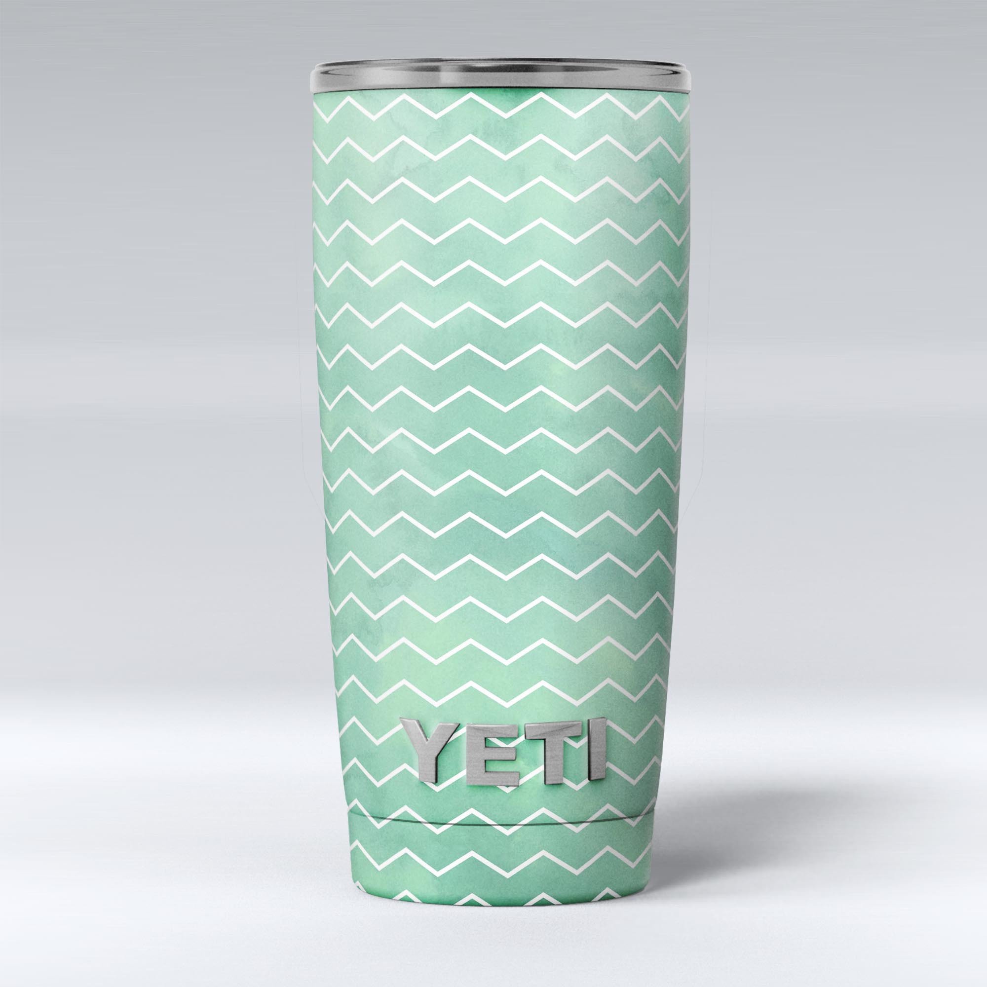 Green Watercolor Chevron skin decal vinyl wrap kit for Yeti Coolers, showcasing vibrant colors and a stylish design.