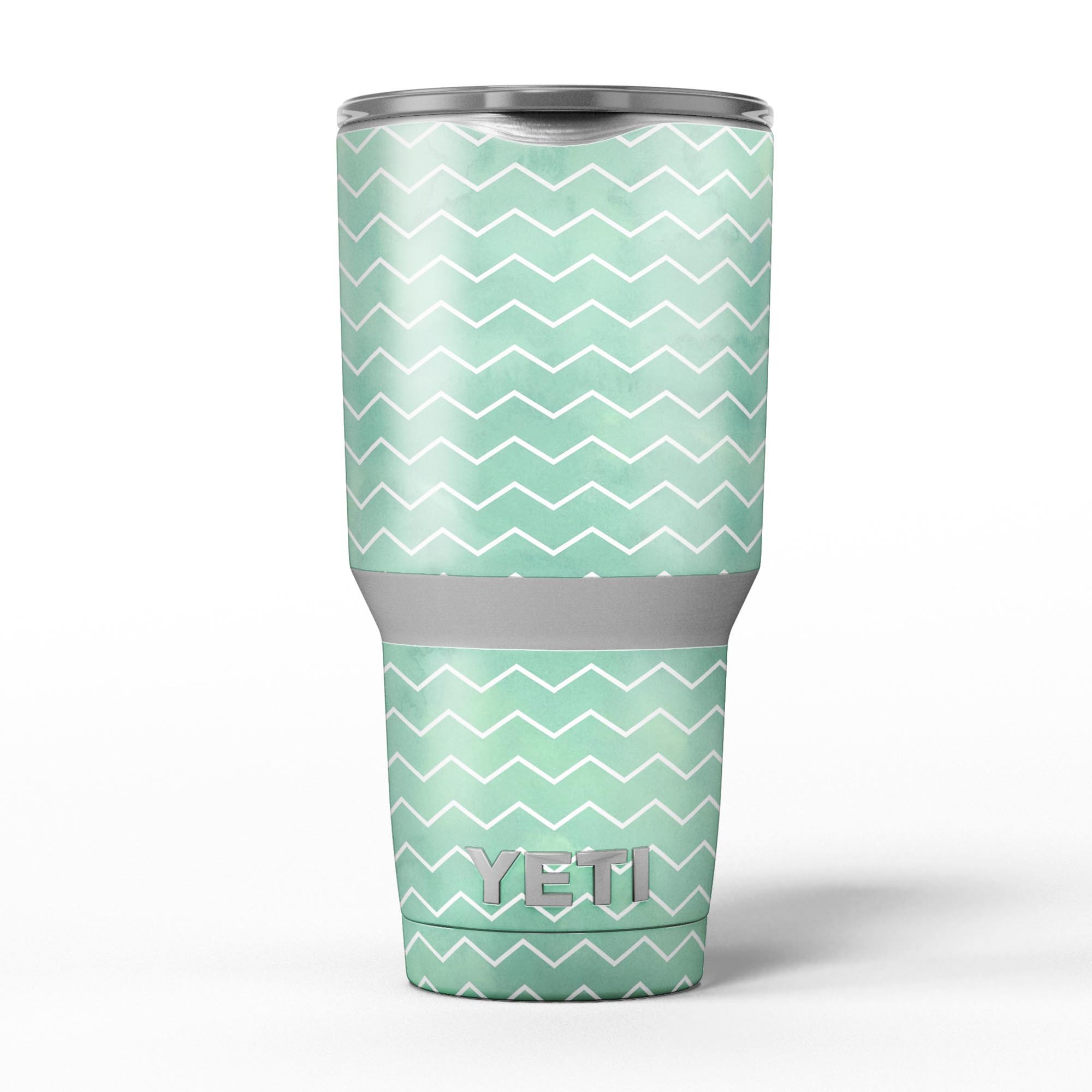 Green Watercolor Chevron skin decal vinyl wrap kit for Yeti Coolers, showcasing vibrant colors and a stylish design.