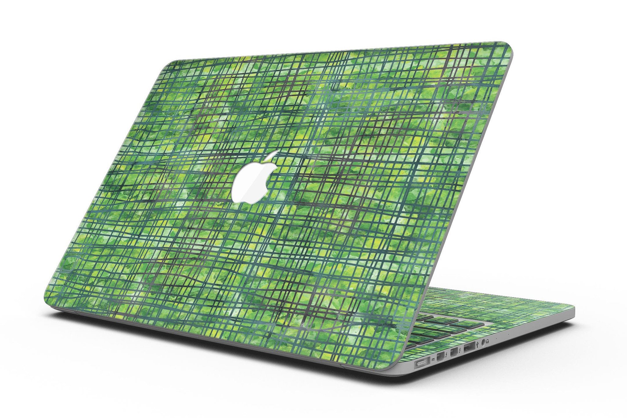 Green Watercolor Cross Hatch skin for MacBook Pro with Retina Display, showcasing vibrant colors and unique cross hatch design.