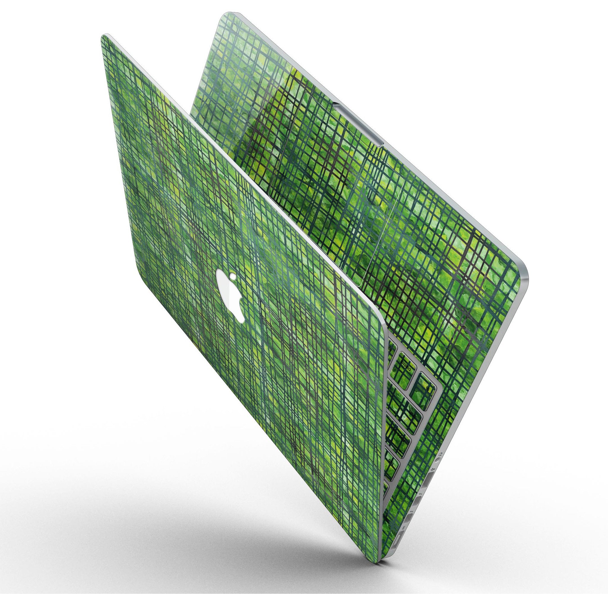 Green Watercolor Cross Hatch skin for MacBook Pro with Retina Display, showcasing vibrant colors and unique cross hatch design.