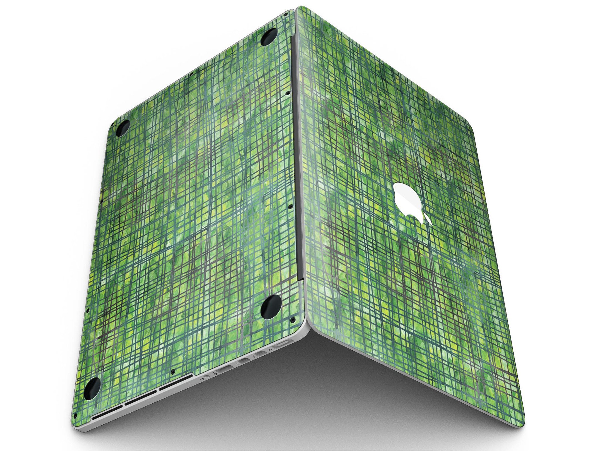 Green Watercolor Cross Hatch skin for MacBook Pro with Retina Display, showcasing vibrant colors and unique cross hatch design.