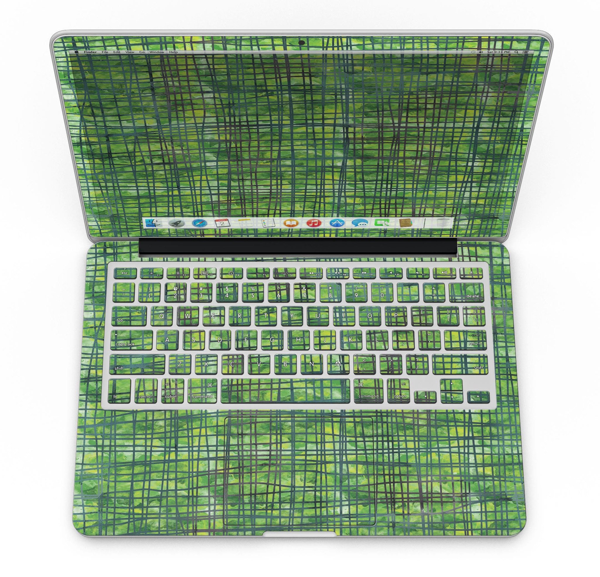 Green Watercolor Cross Hatch skin for MacBook Pro with Retina Display, showcasing vibrant colors and unique cross hatch design.