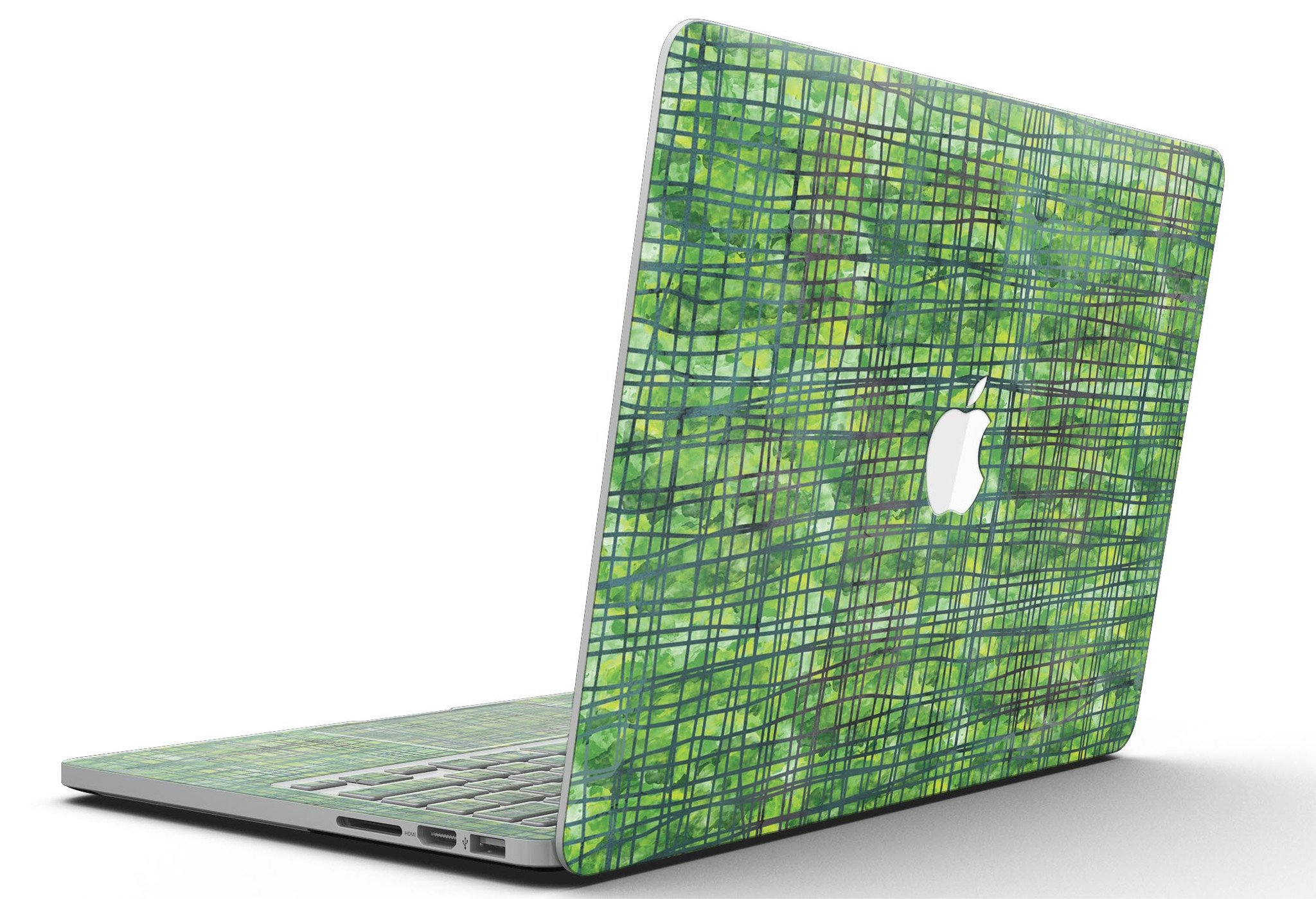 Green Watercolor Cross Hatch skin for MacBook Pro with Retina Display, showcasing vibrant colors and unique cross hatch design.