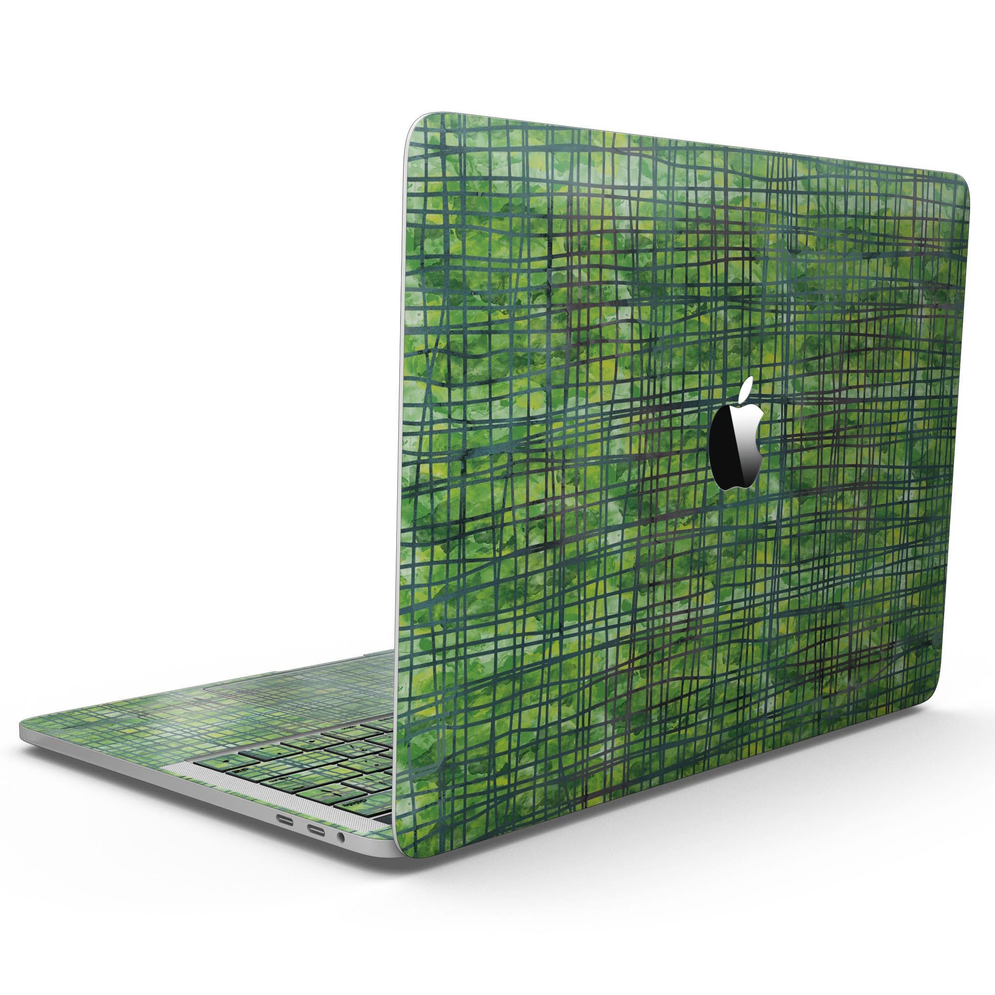 Green Watercolor Cross Hatch skin applied to a MacBook Pro with Touch Bar, showcasing vibrant colors and sleek design.