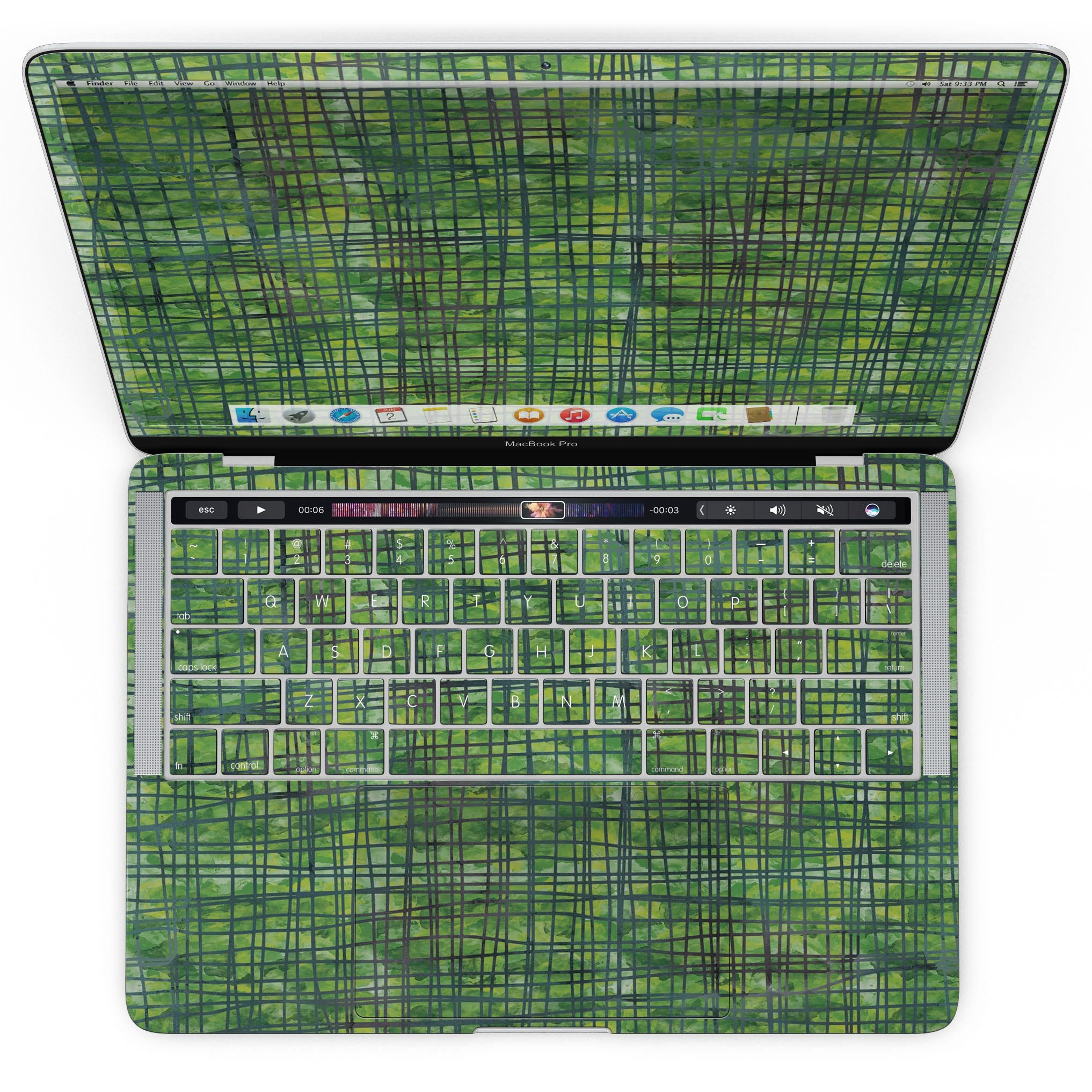 Green Watercolor Cross Hatch skin applied to a MacBook Pro with Touch Bar, showcasing vibrant colors and sleek design.