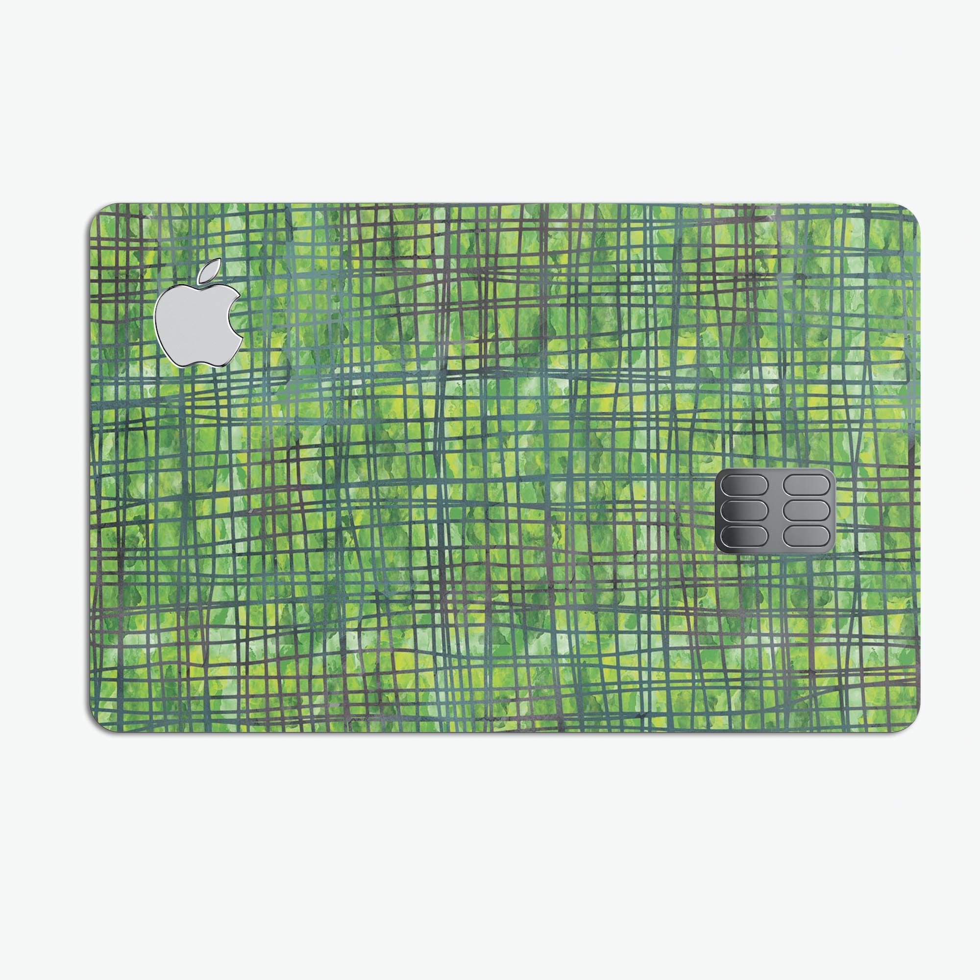 Green Watercolor Cross Hatch decal skin for Apple Card, showcasing vibrant colors and premium vinyl material.