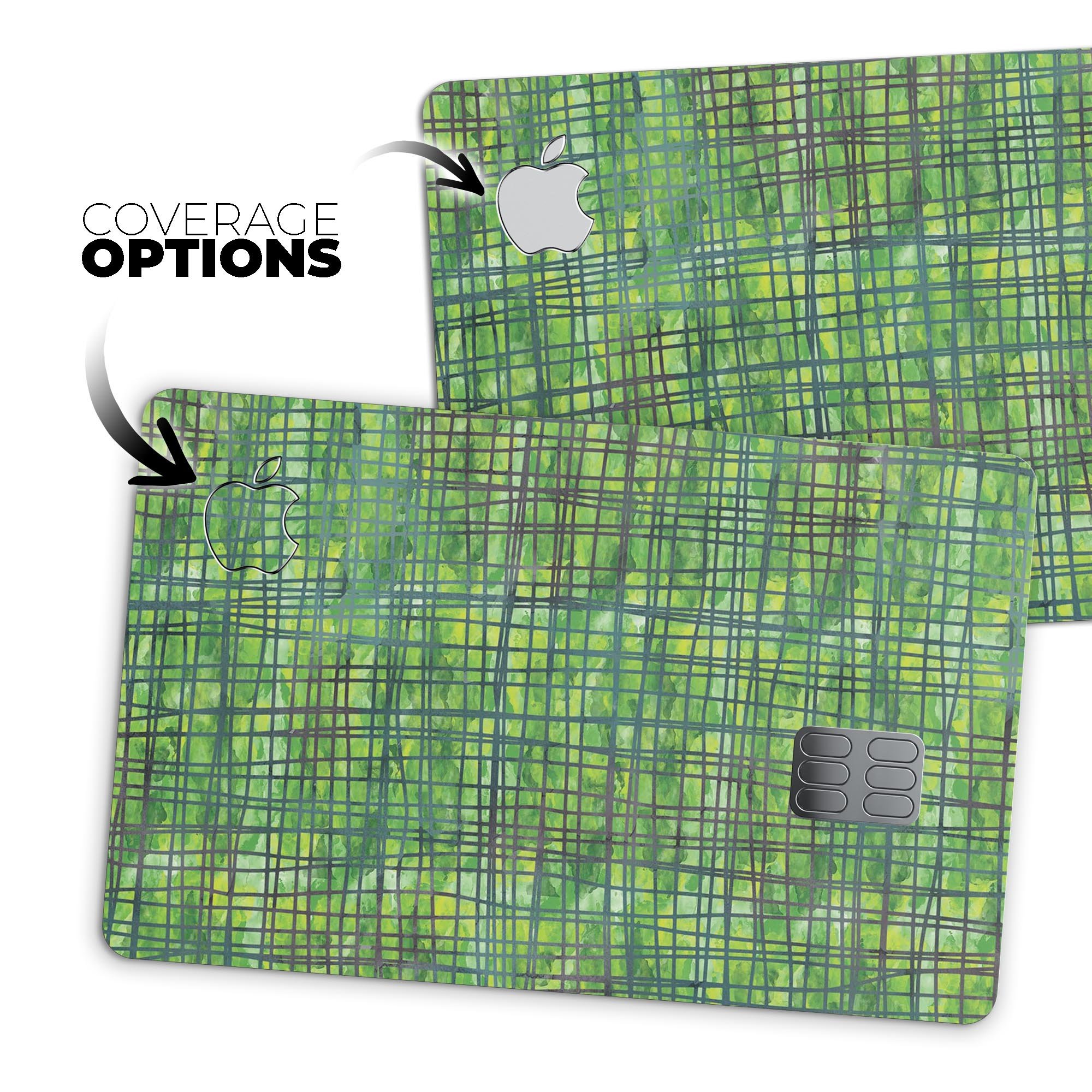 Green Watercolor Cross Hatch decal skin for Apple Card, showcasing vibrant colors and premium vinyl material.