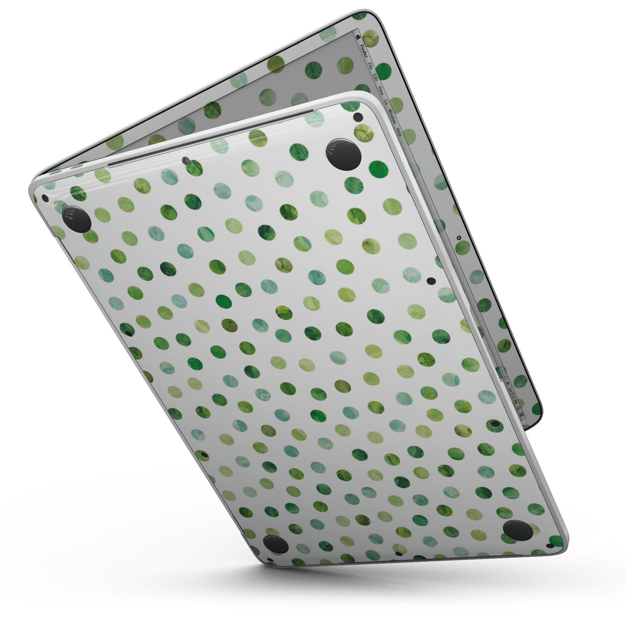 Green Watercolor Dots skin for 13" MacBook Pro without Touch Bar, showcasing vibrant colors and artistic design.