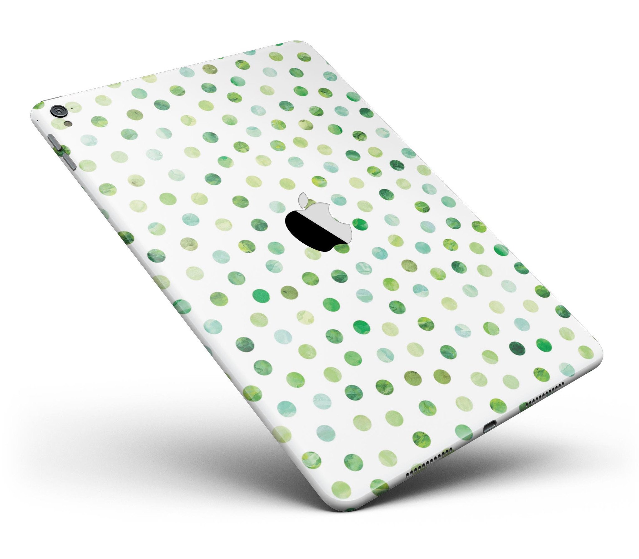 Green Watercolor Dots skin for iPad Pro, showcasing a vibrant design on a white background, providing full body protection.