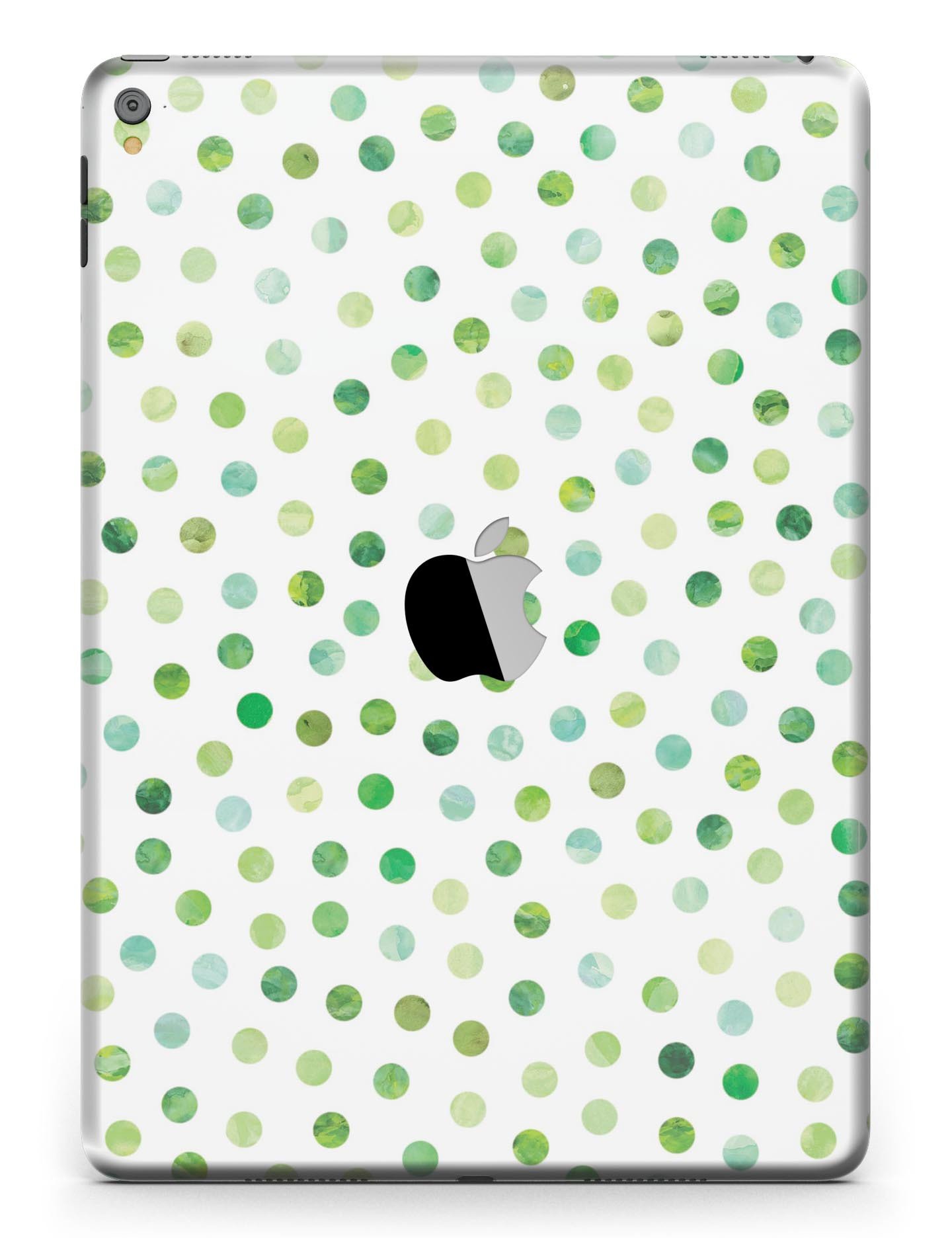 Green Watercolor Dots skin for iPad Pro, showcasing a vibrant design on a white background, providing full body protection.