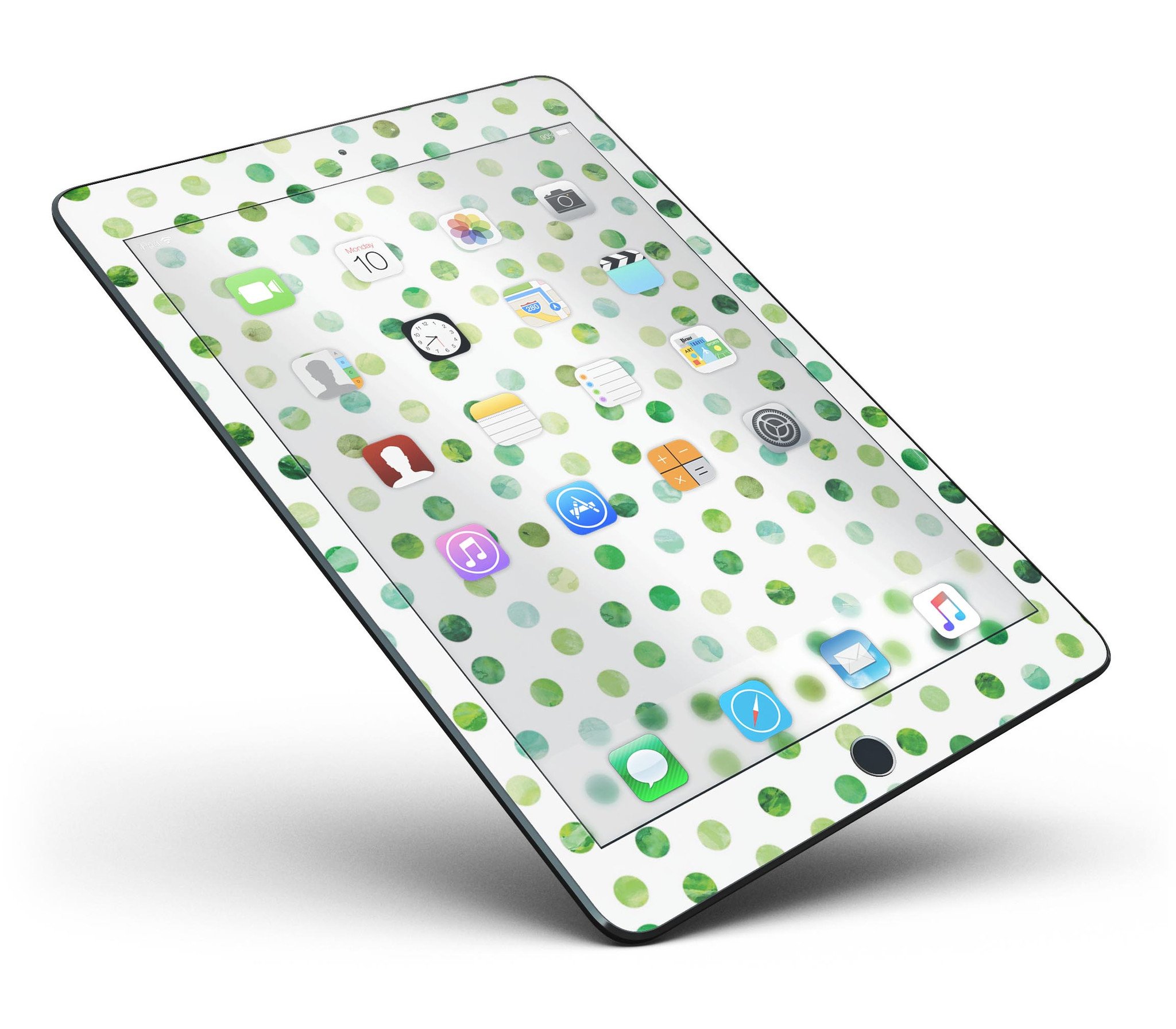 Green Watercolor Dots skin for iPad Pro, showcasing a vibrant design on a white background, providing full body protection.