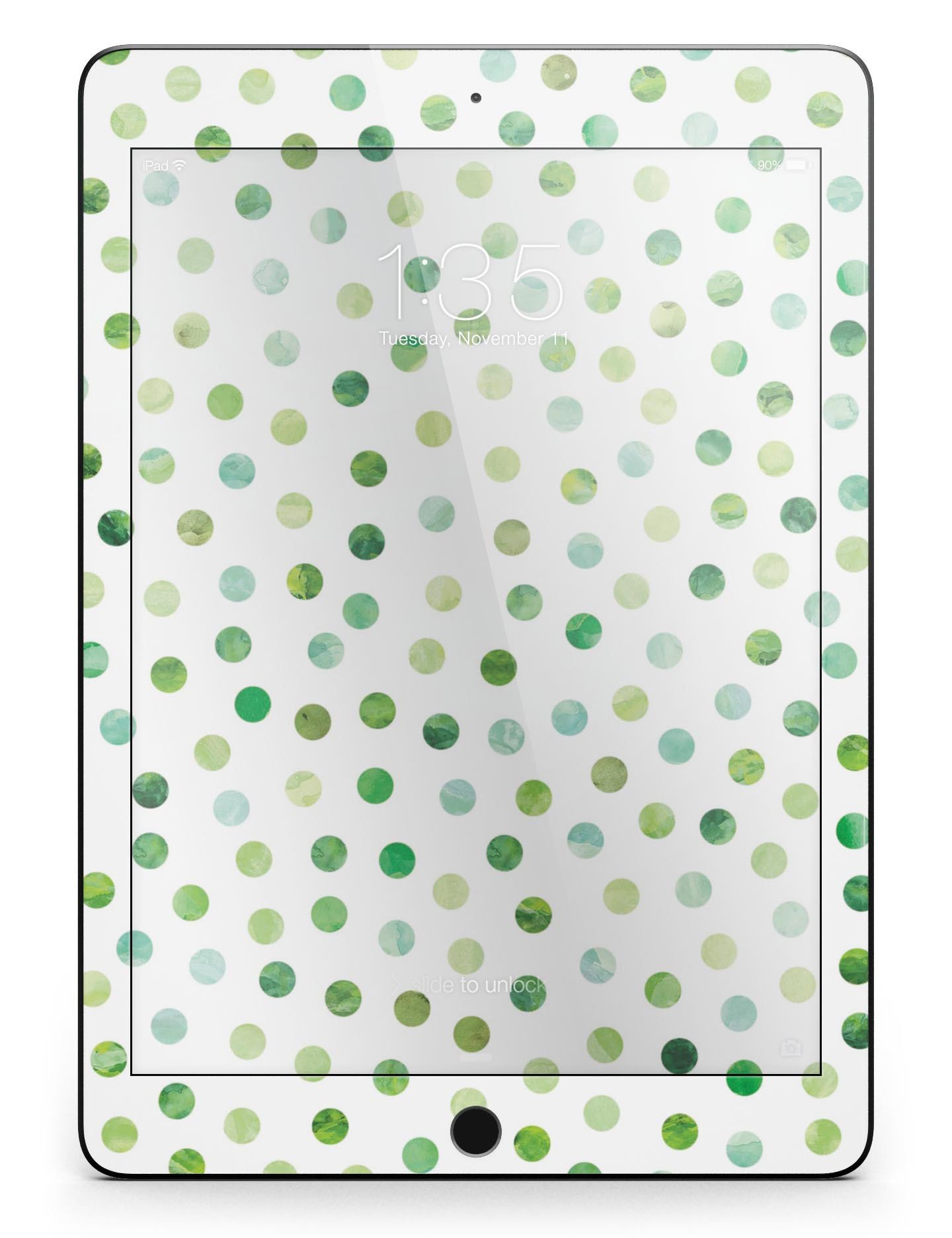 Green Watercolor Dots skin for iPad Pro, showcasing a vibrant design on a white background, providing full body protection.