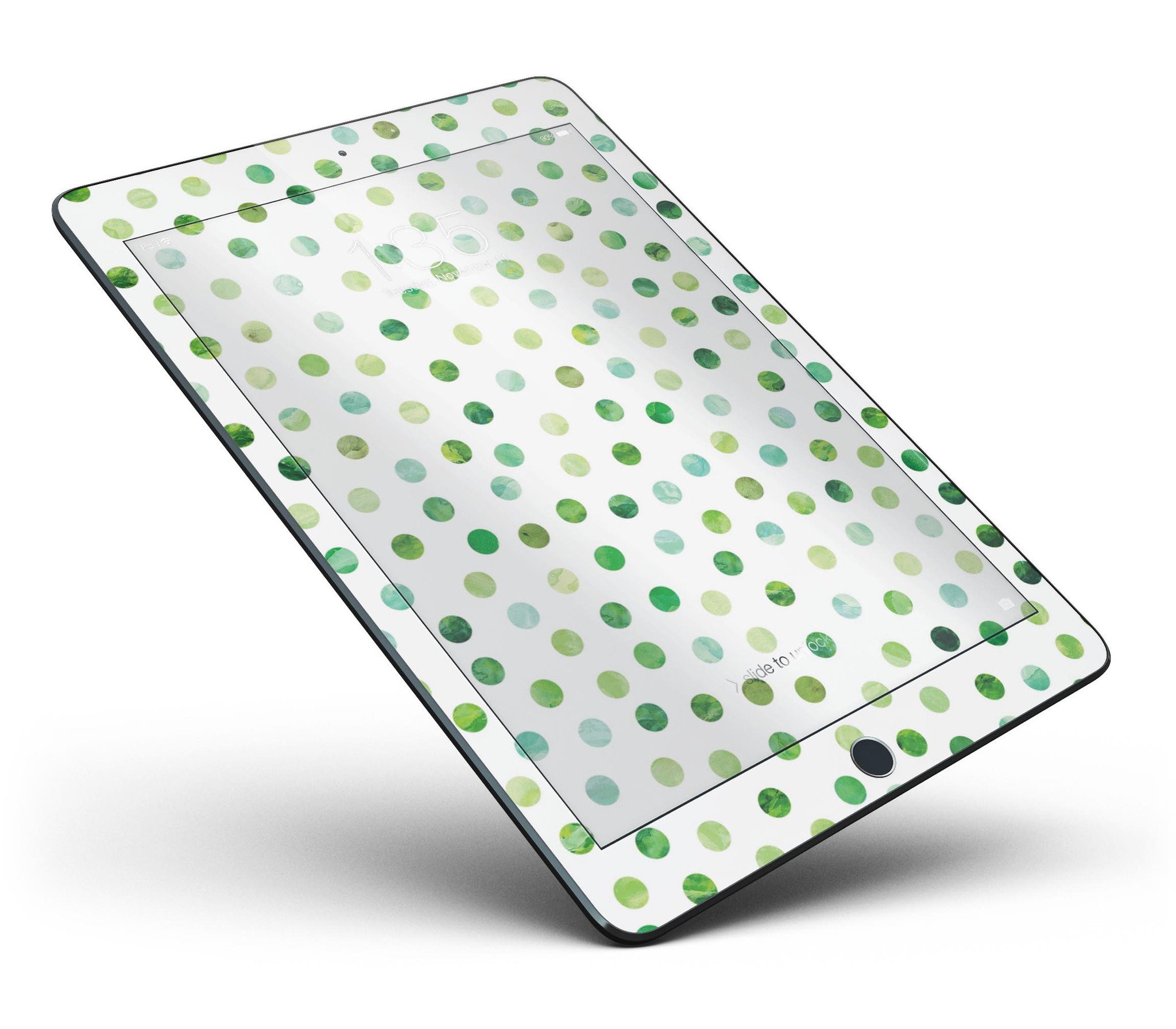 Green Watercolor Dots skin for iPad Pro, showcasing a vibrant design on a white background, providing full body protection.