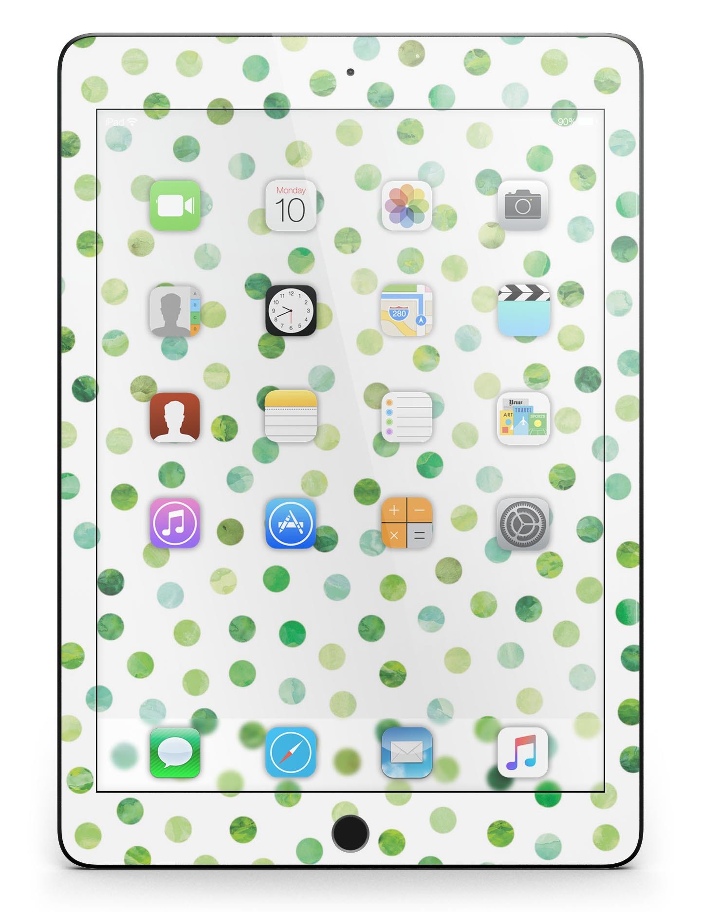 Green Watercolor Dots skin for iPad Pro, showcasing a vibrant design on a white background, providing full body protection.