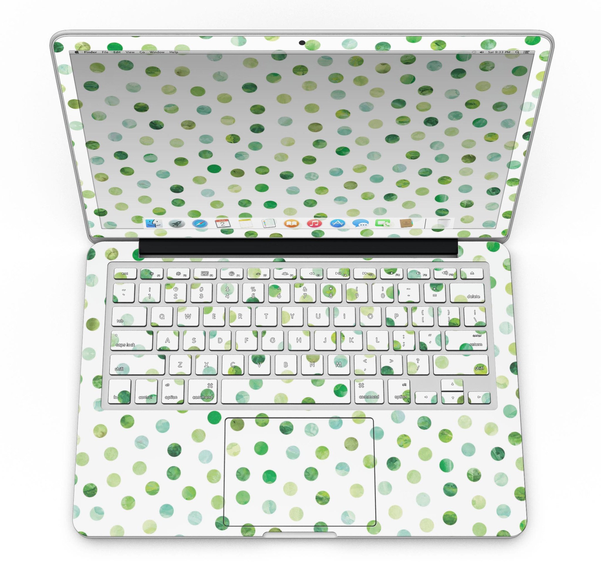 Green Watercolor Dots skin for MacBook Pro with Retina Display, showcasing vibrant colors and a stylish design.