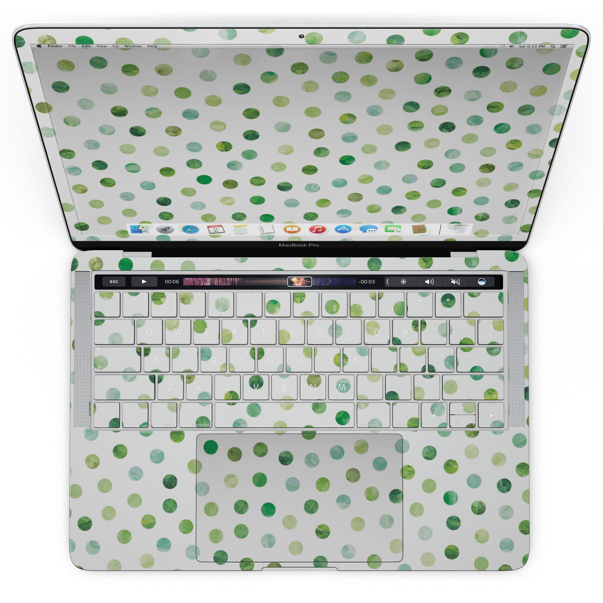 Green Watercolor Dots skin for MacBook Pro with Touch Bar, showcasing a vibrant design on a sleek device.