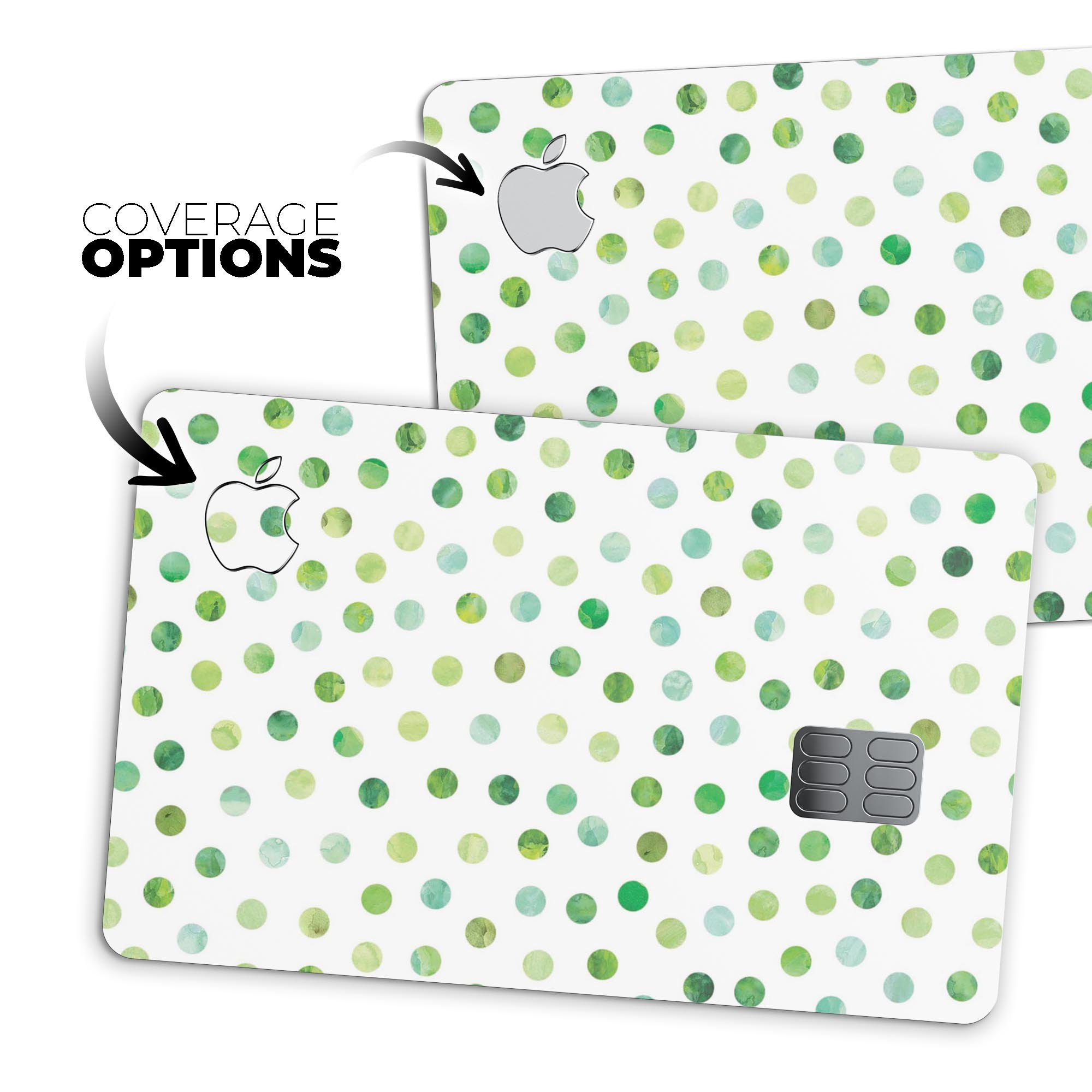 Green Watercolor Dots decal skin for Apple Card, showcasing vibrant colors and a protective design.