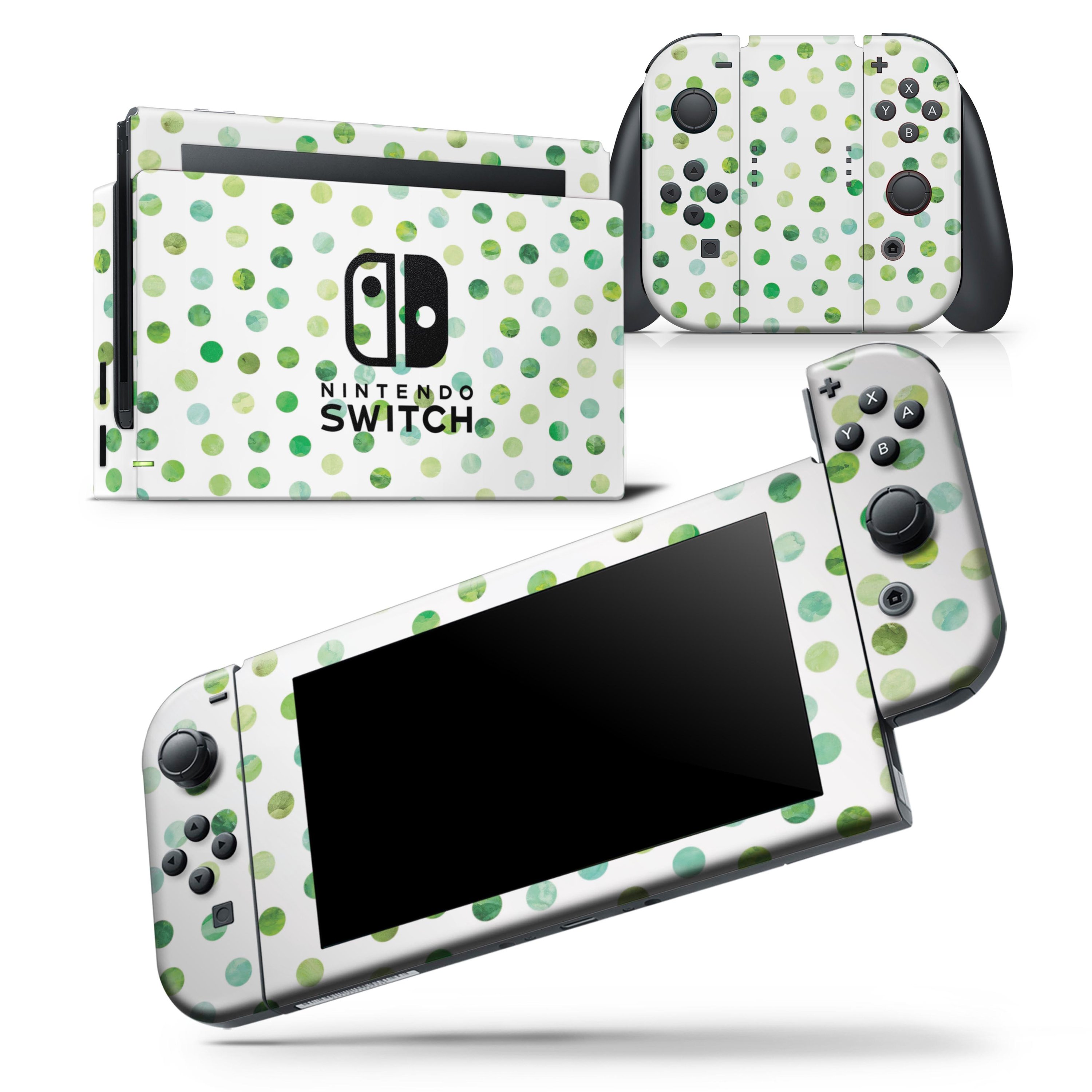 Green Watercolor Dots skin wrap decal for Nintendo Switch, showcasing a vibrant design on a white background.