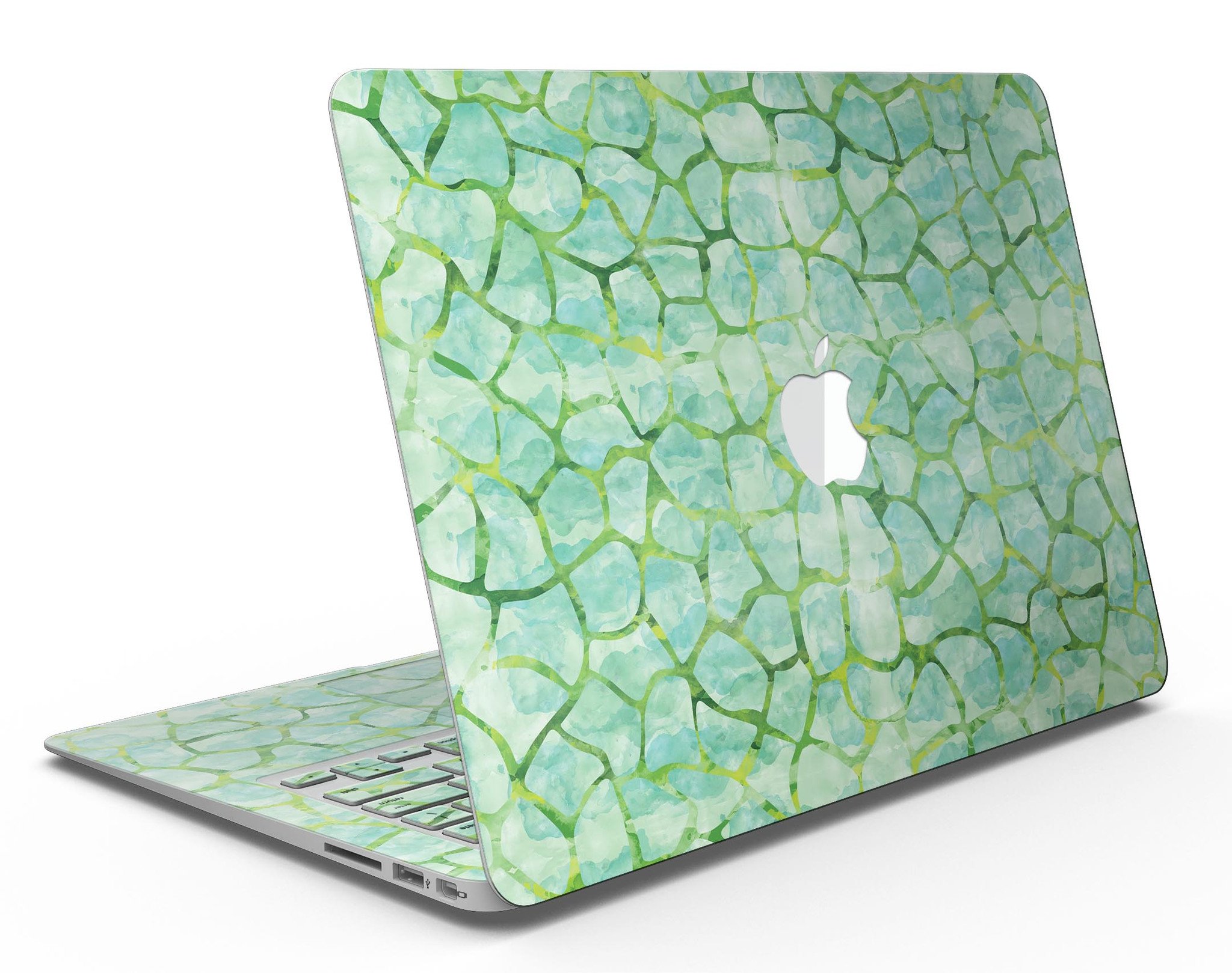 Green Watercolor Giraffe Pattern MacBook Air Skin Kit showcasing vibrant giraffe design on a sleek MacBook Air.