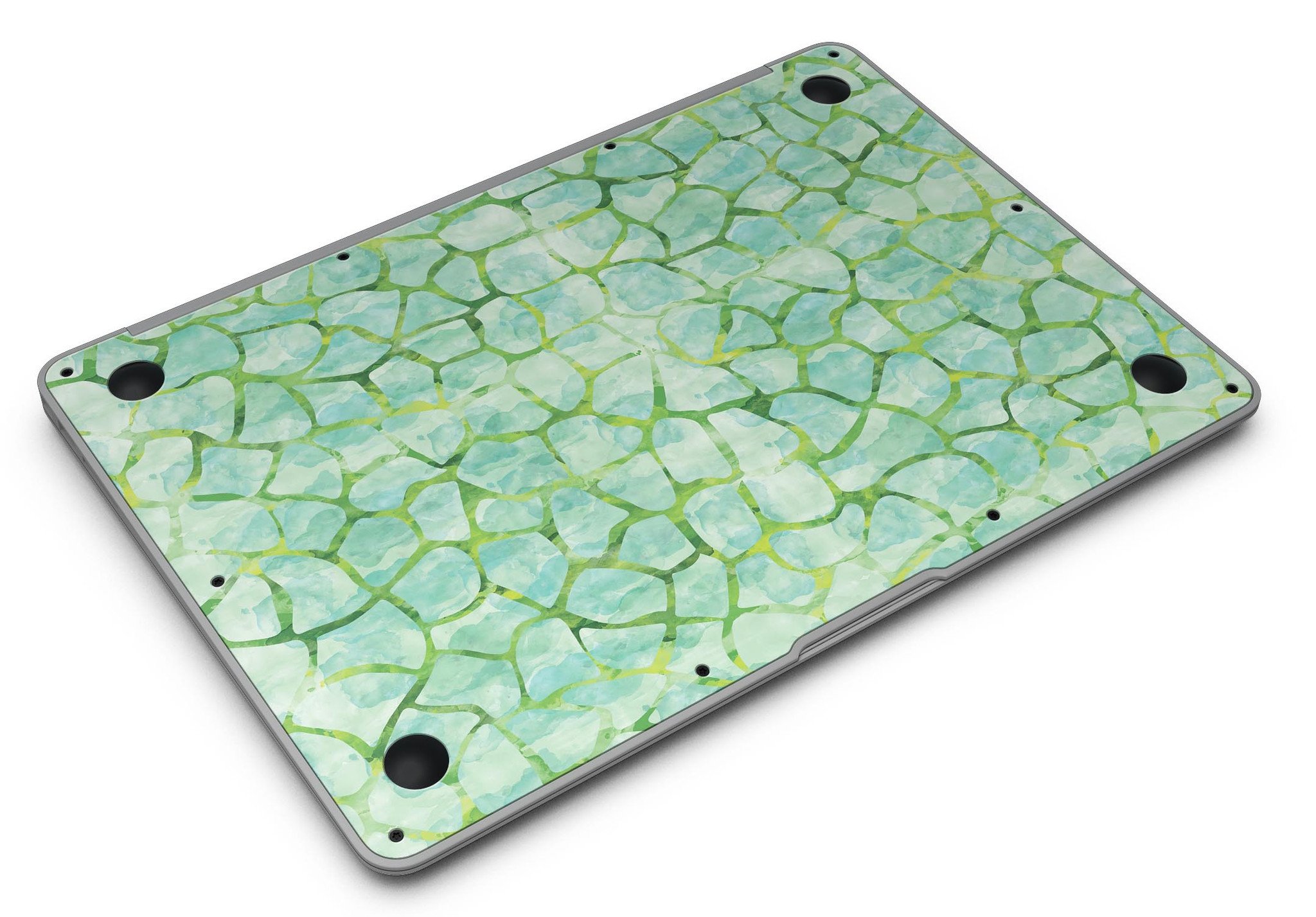 Green Watercolor Giraffe Pattern MacBook Air Skin Kit showcasing vibrant giraffe design on a sleek MacBook Air.