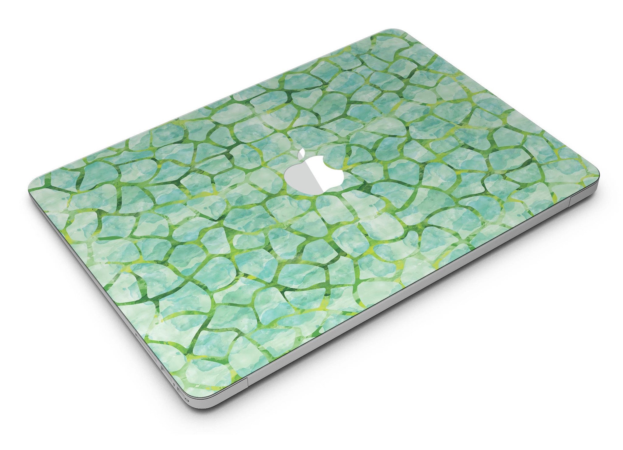 Green Watercolor Giraffe Pattern MacBook Air Skin Kit showcasing vibrant giraffe design on a sleek MacBook Air.