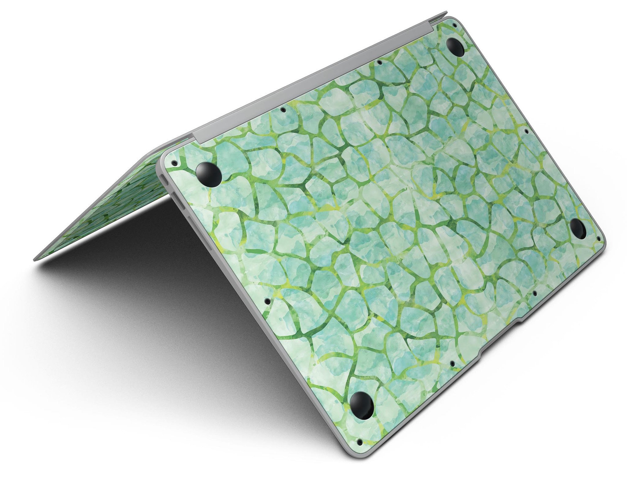 Green Watercolor Giraffe Pattern MacBook Air Skin Kit showcasing vibrant giraffe design on a sleek MacBook Air.