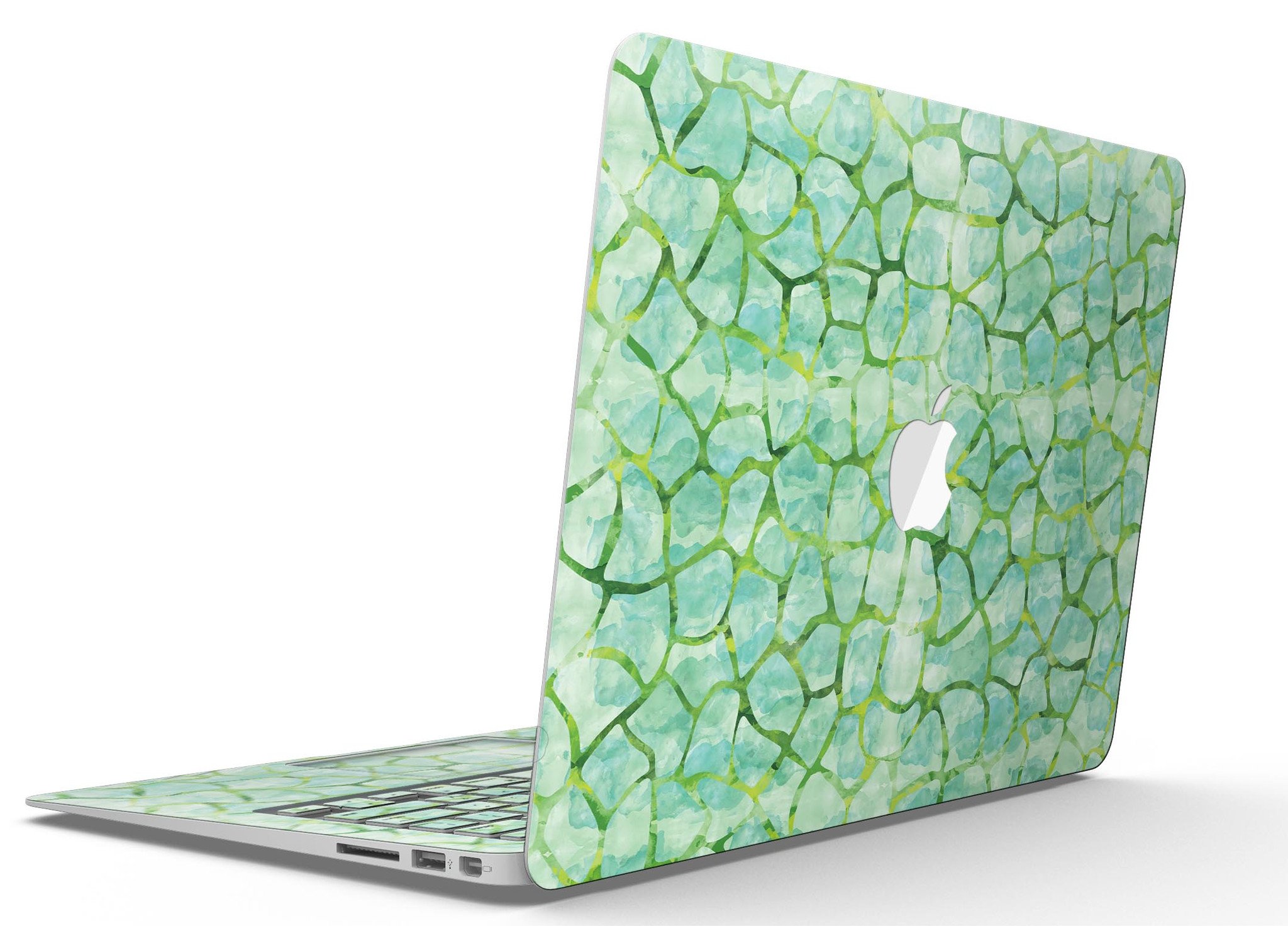 Green Watercolor Giraffe Pattern MacBook Air Skin Kit showcasing vibrant giraffe design on a sleek MacBook Air.