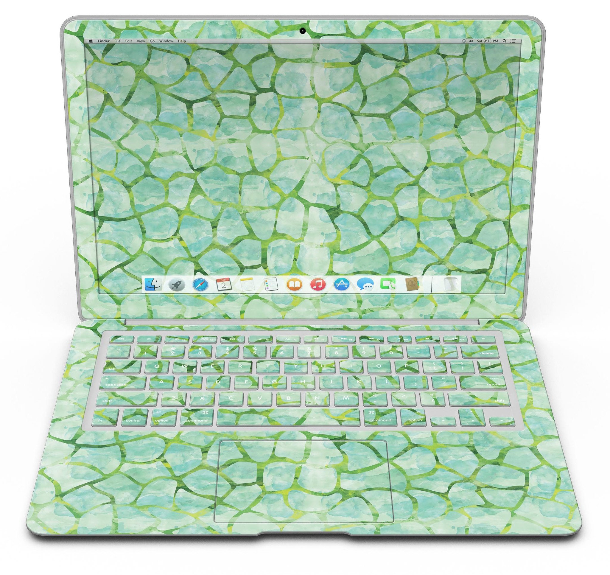 Green Watercolor Giraffe Pattern MacBook Air Skin Kit showcasing vibrant giraffe design on a sleek MacBook Air.