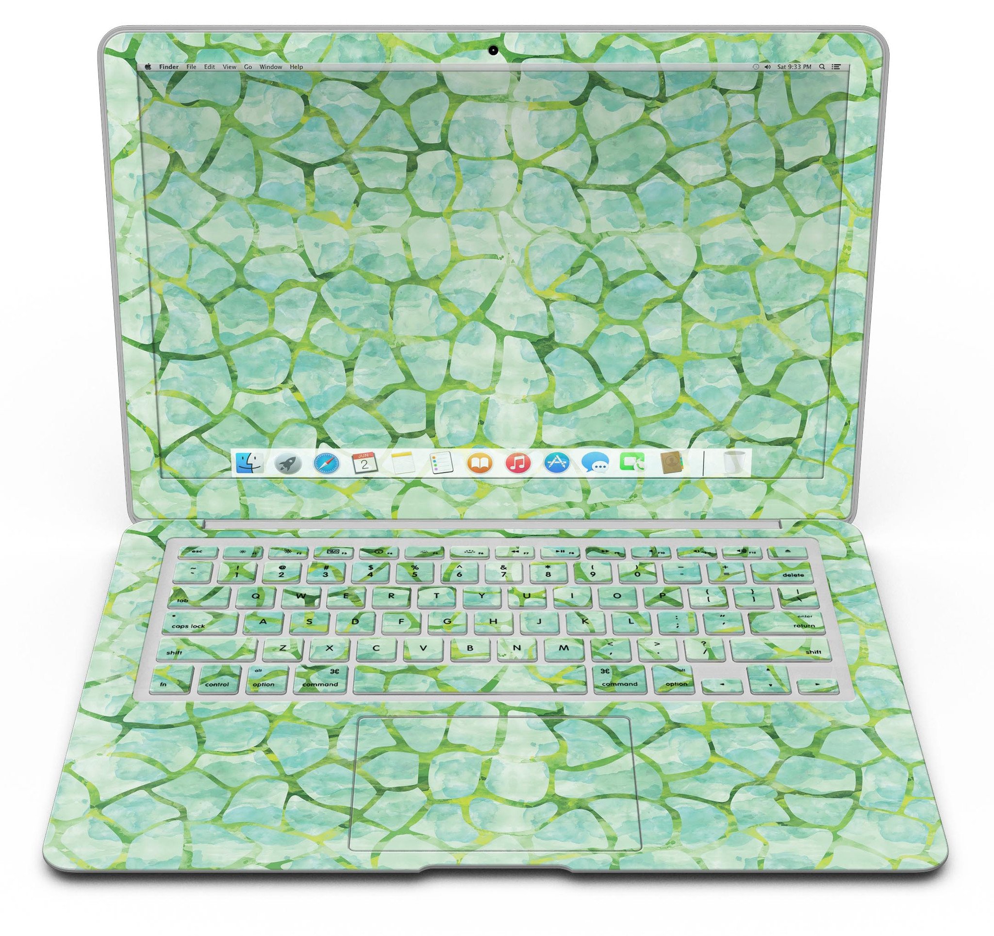 Green Watercolor Giraffe Pattern MacBook Air Skin Kit showcasing vibrant giraffe design on a sleek MacBook Air.