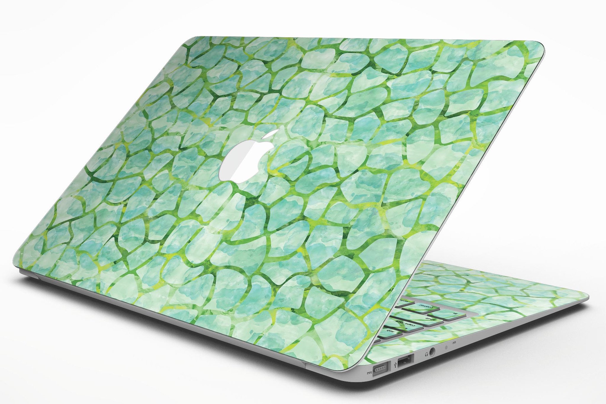 Green Watercolor Giraffe Pattern MacBook Air Skin Kit showcasing vibrant giraffe design on a sleek MacBook Air.