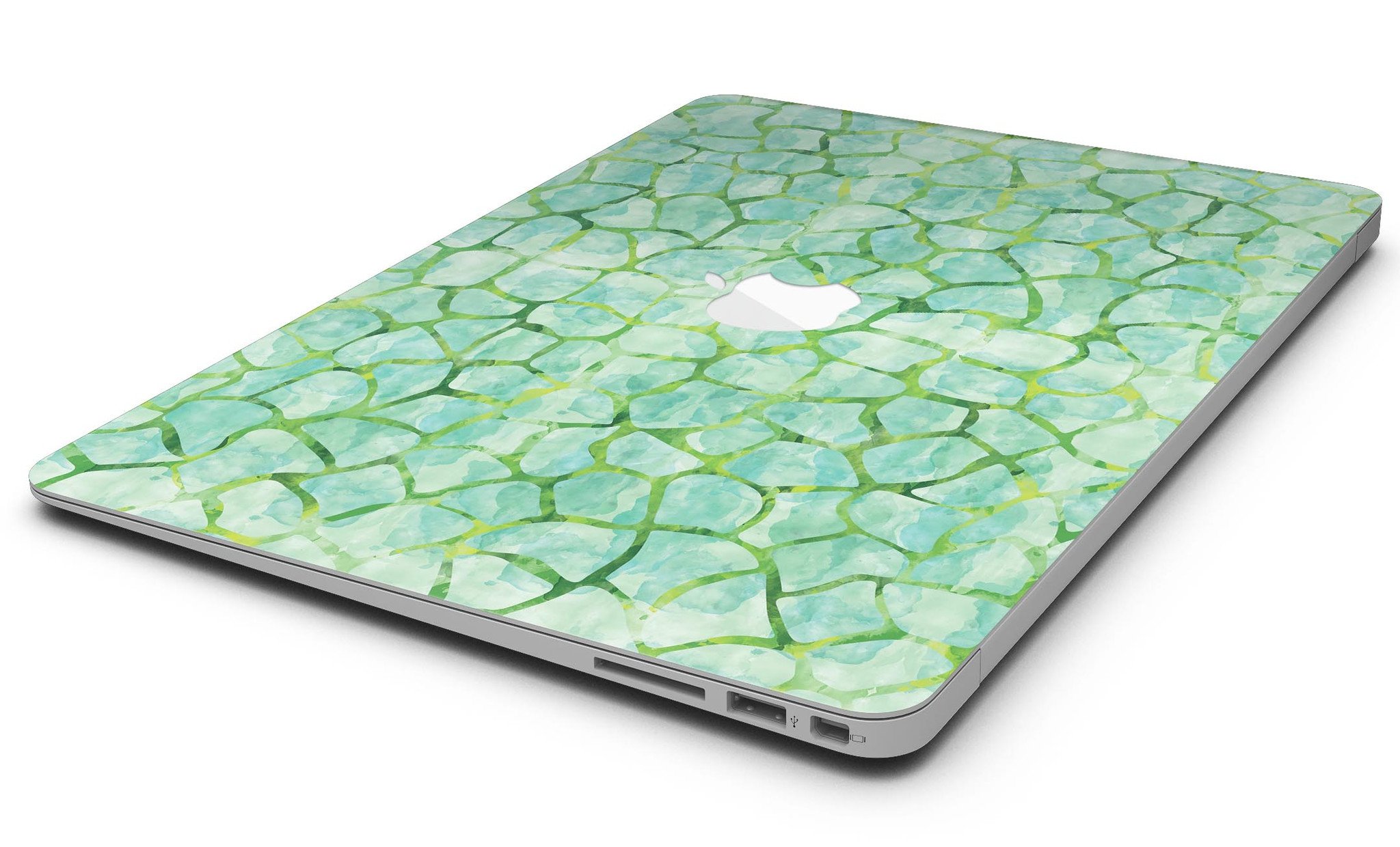 Green Watercolor Giraffe Pattern MacBook Air Skin Kit showcasing vibrant giraffe design on a sleek MacBook Air.