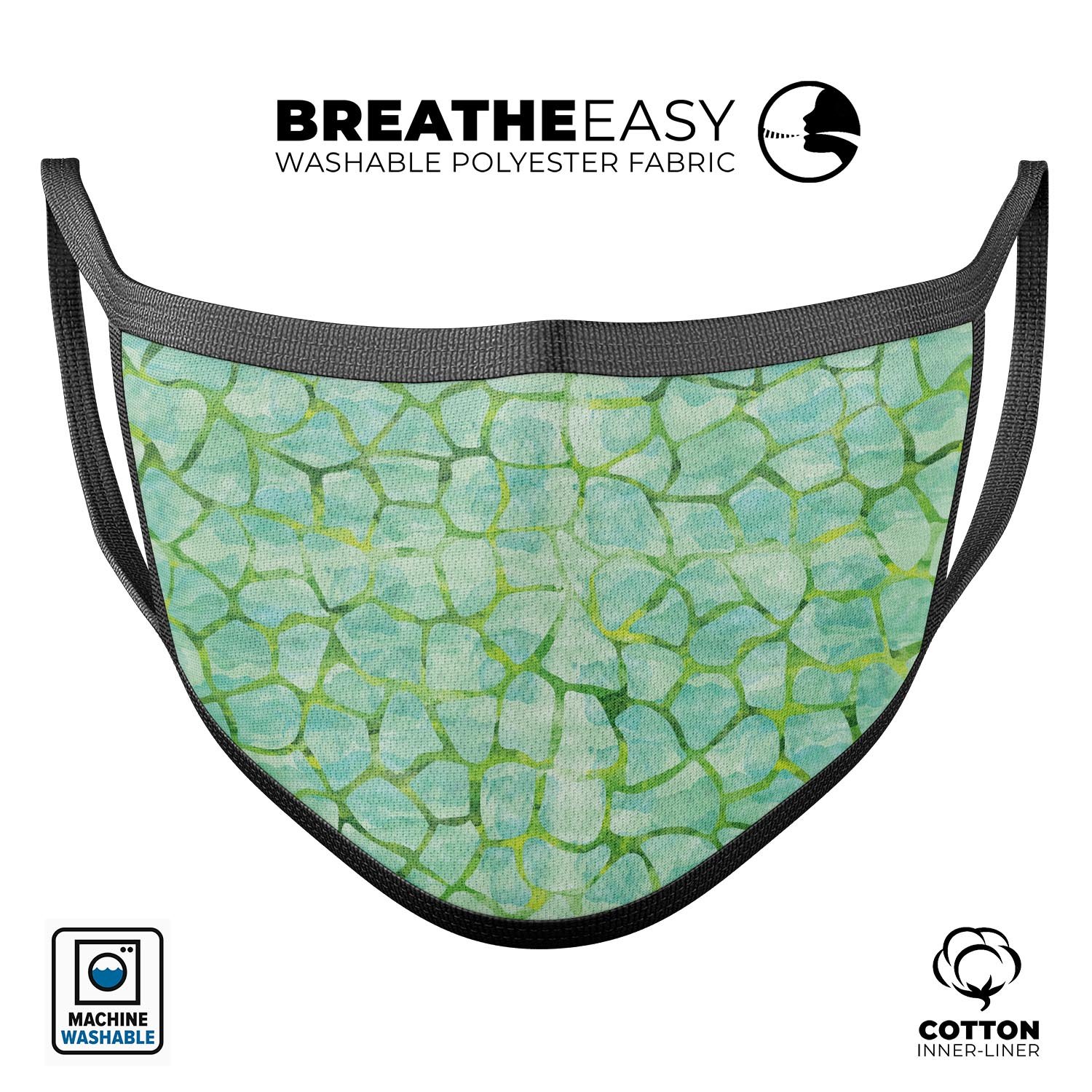 Green Watercolor Giraffe Pattern mouth cover, showcasing a vibrant design with adjustable ear loops for a comfortable fit.