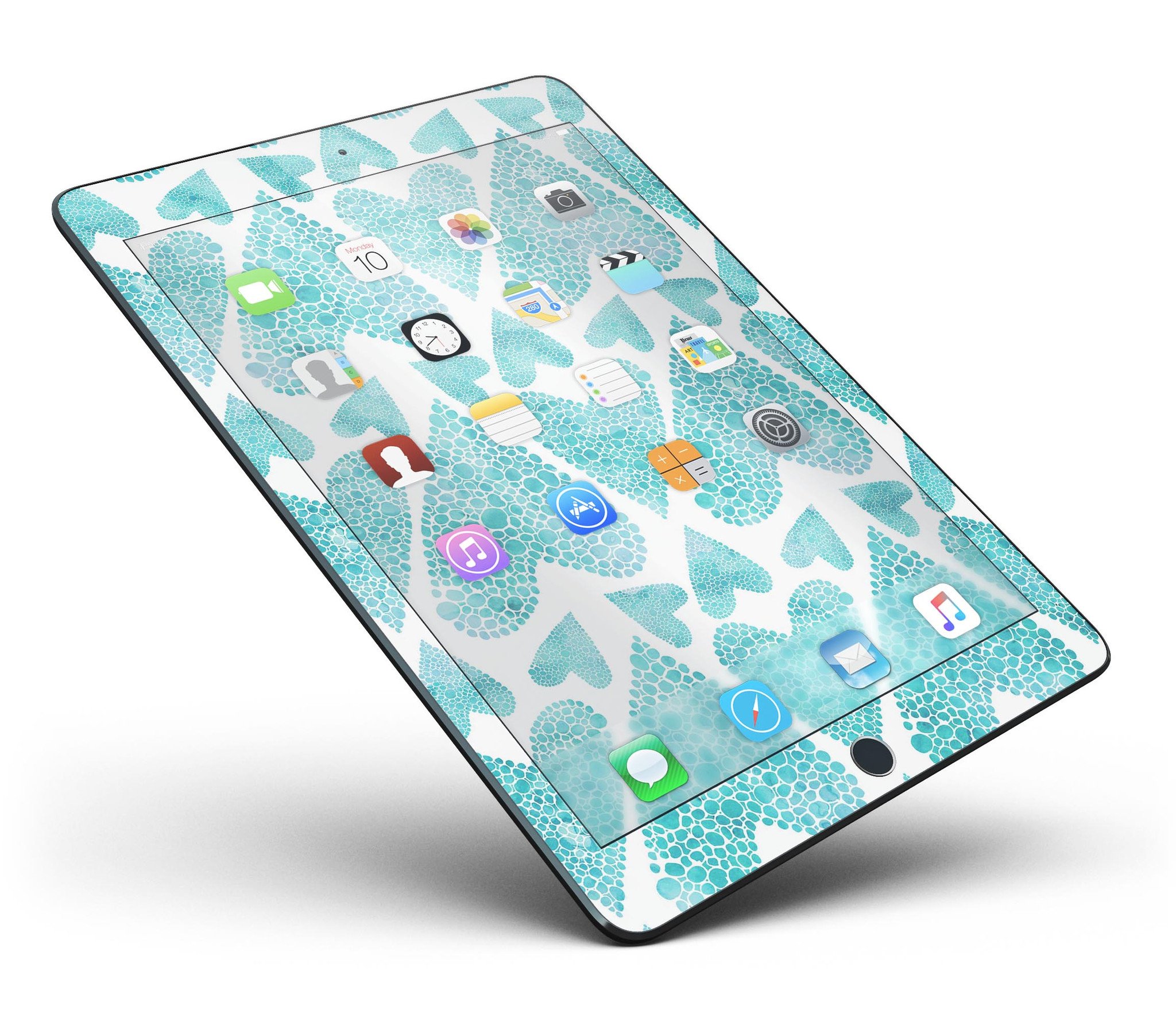 Green Watercolor Hearts Pattern Full Body Skin for iPad Pro, showcasing vibrant heart designs on a sleek vinyl surface.