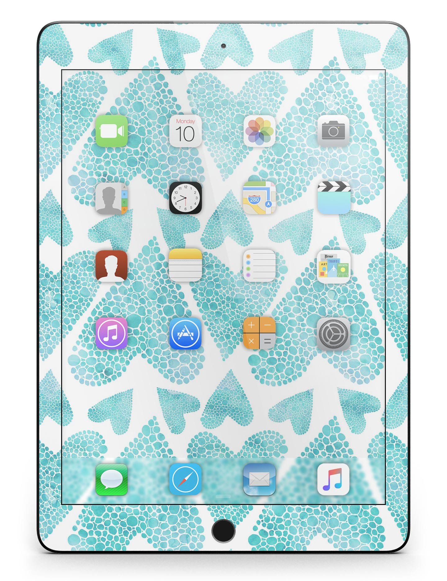 Green Watercolor Hearts Pattern Full Body Skin for iPad Pro, showcasing vibrant heart designs on a sleek vinyl surface.