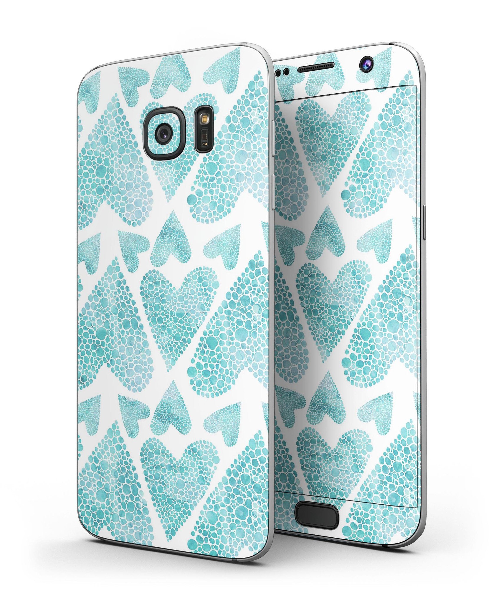 Green Watercolor Hearts Pattern skin for Samsung Galaxy S7/S7 Edge, showcasing vibrant heart designs on a sleek vinyl surface.