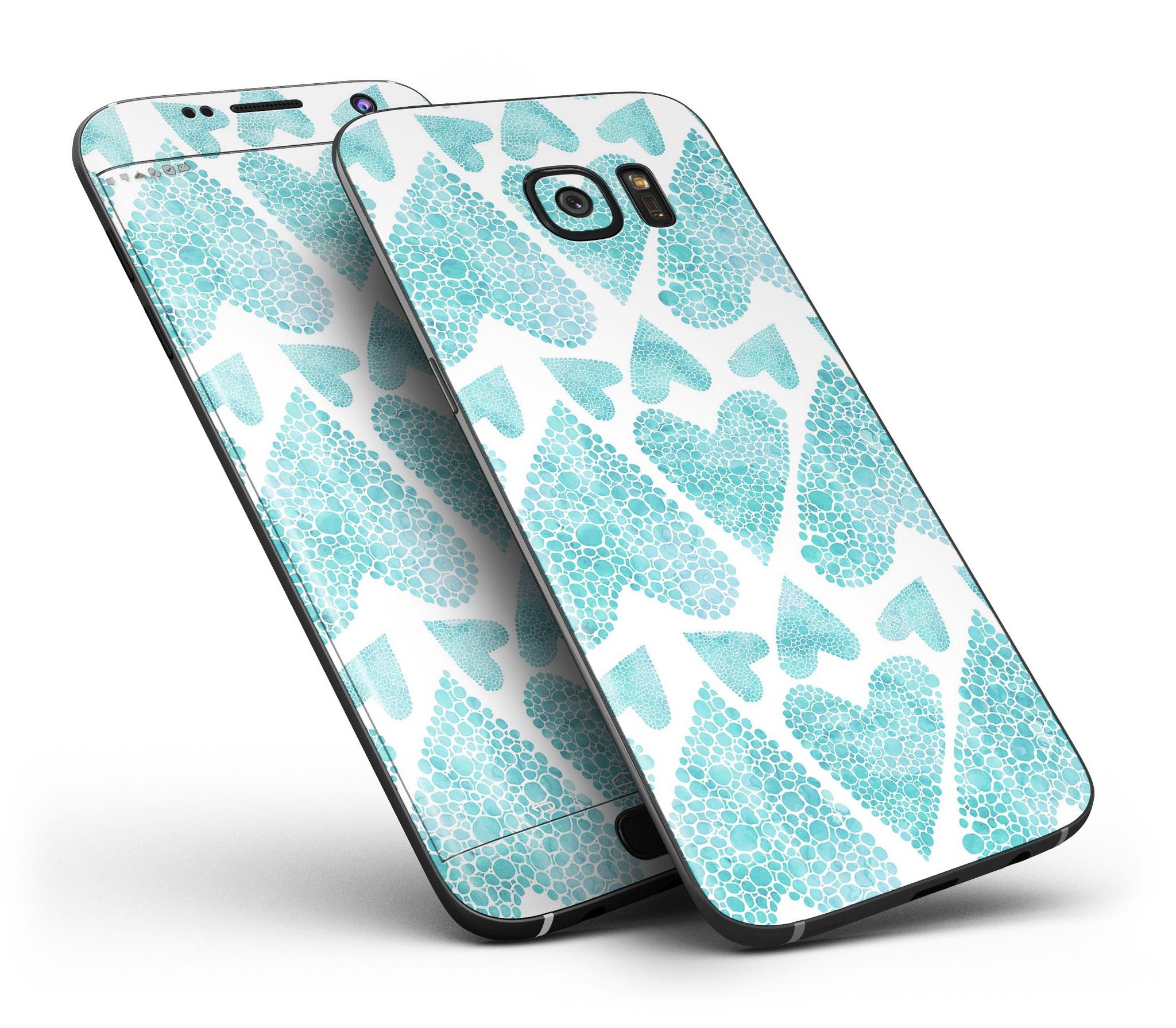 Green Watercolor Hearts Pattern skin for Samsung Galaxy S7/S7 Edge, showcasing vibrant heart designs on a sleek vinyl surface.