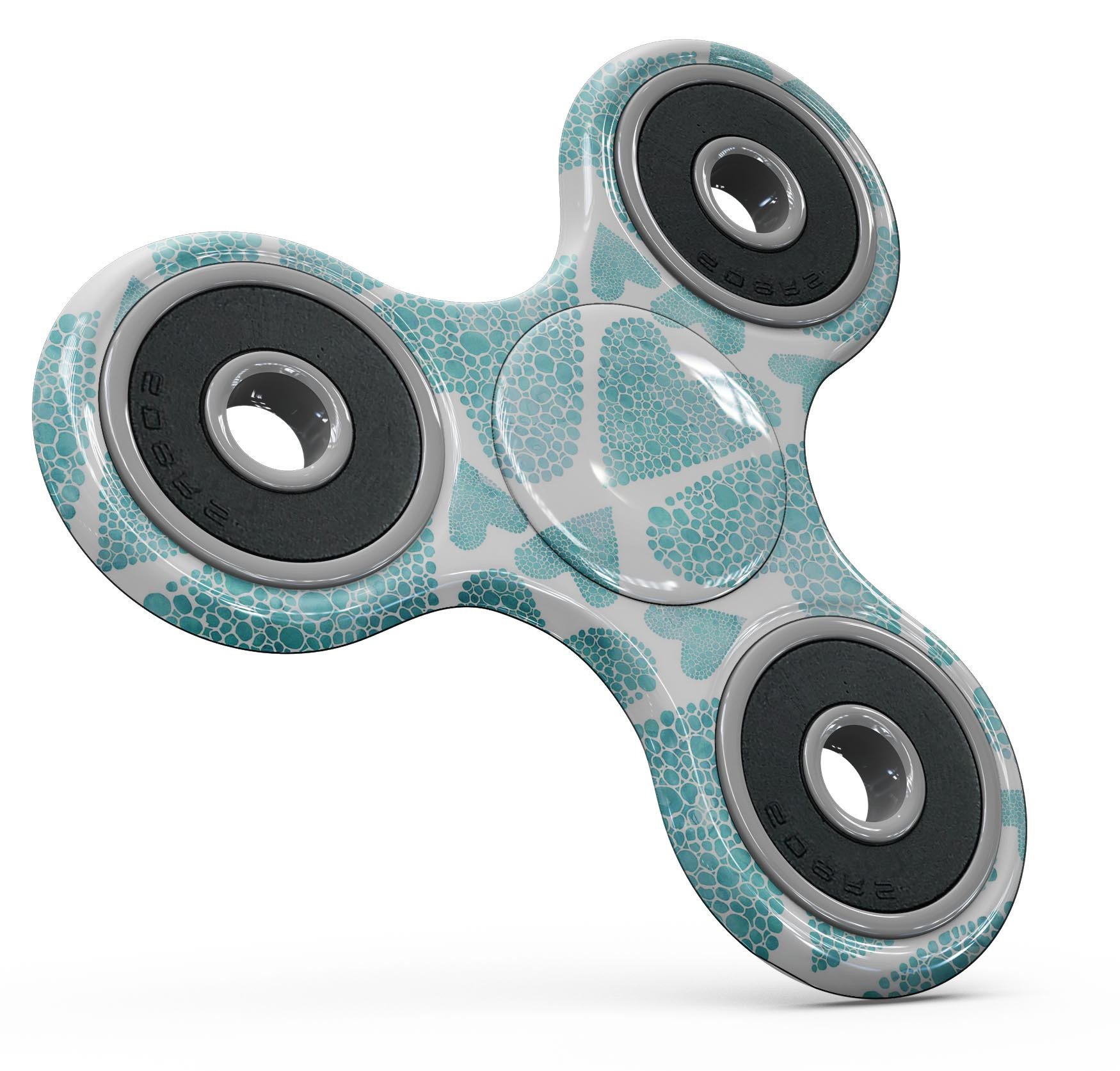 A vibrant green watercolor hearts pattern skin kit designed for fidget spinners, showcasing its colorful and artistic design.