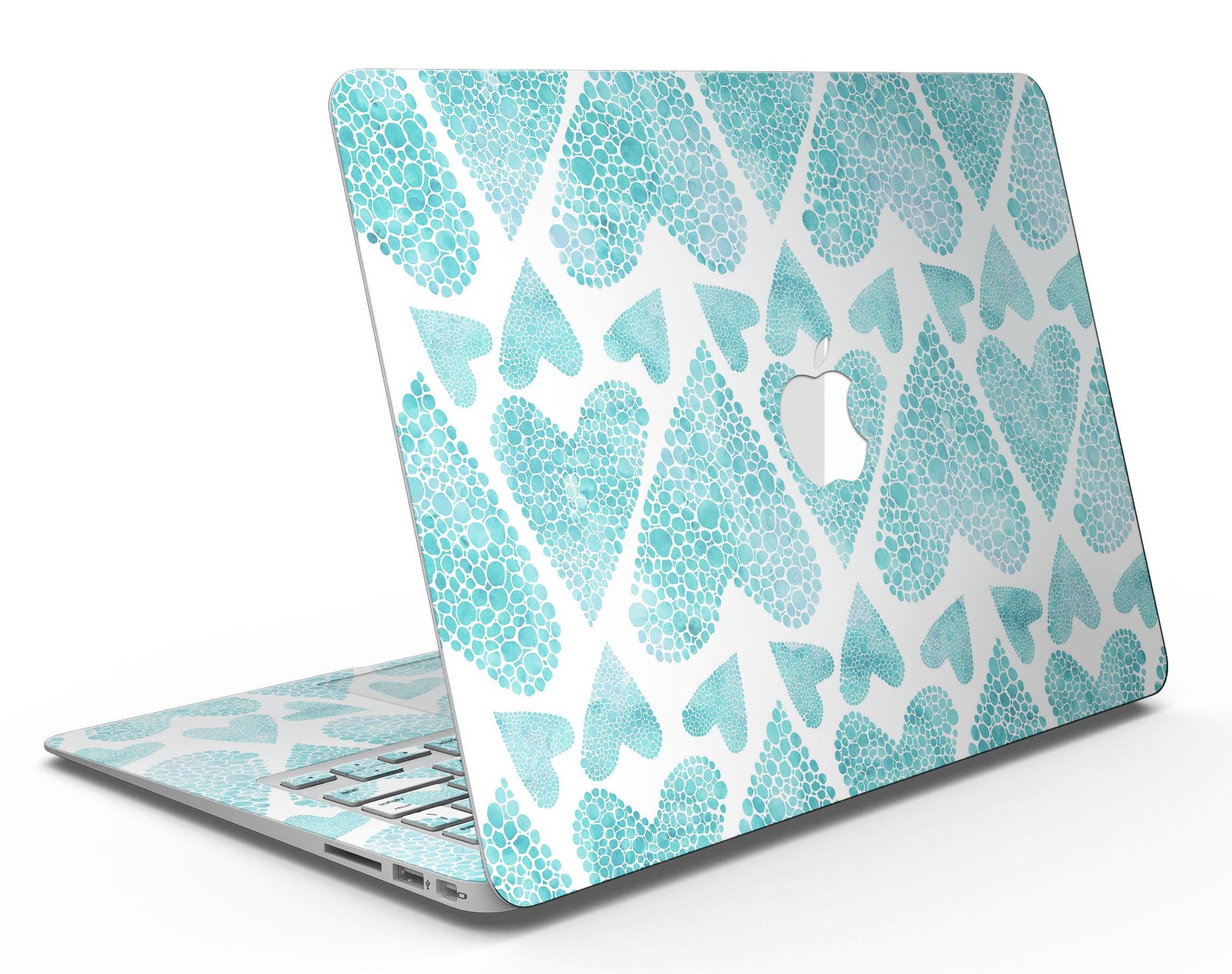 Green Watercolor Hearts Pattern MacBook Air Skin Kit showcasing vibrant heart designs on a sleek laptop surface.